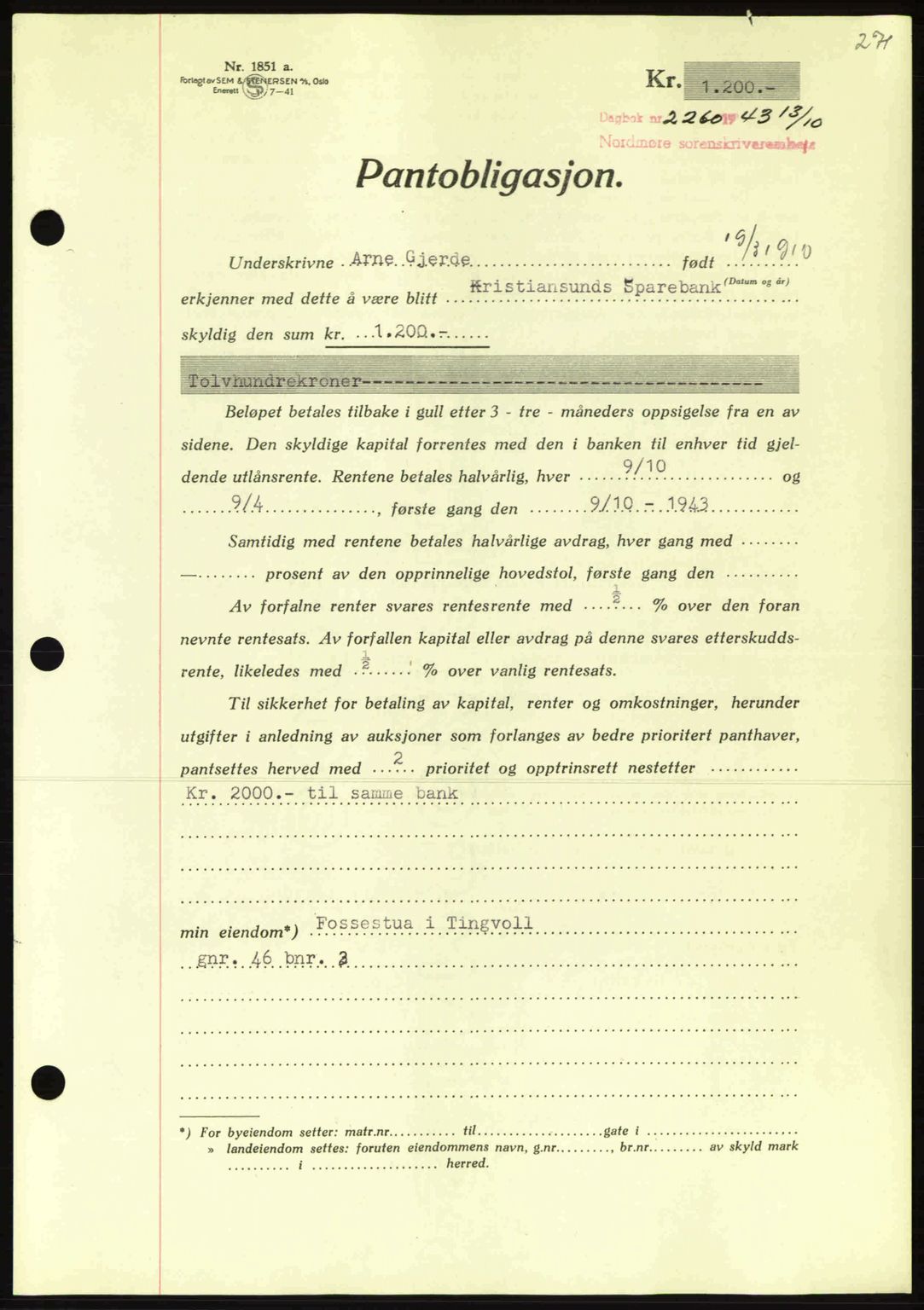 Nordmøre sorenskriveri, AV/SAT-A-4132/1/2/2Ca: Mortgage book no. B91, 1943-1944, Diary no: : 2260/1943