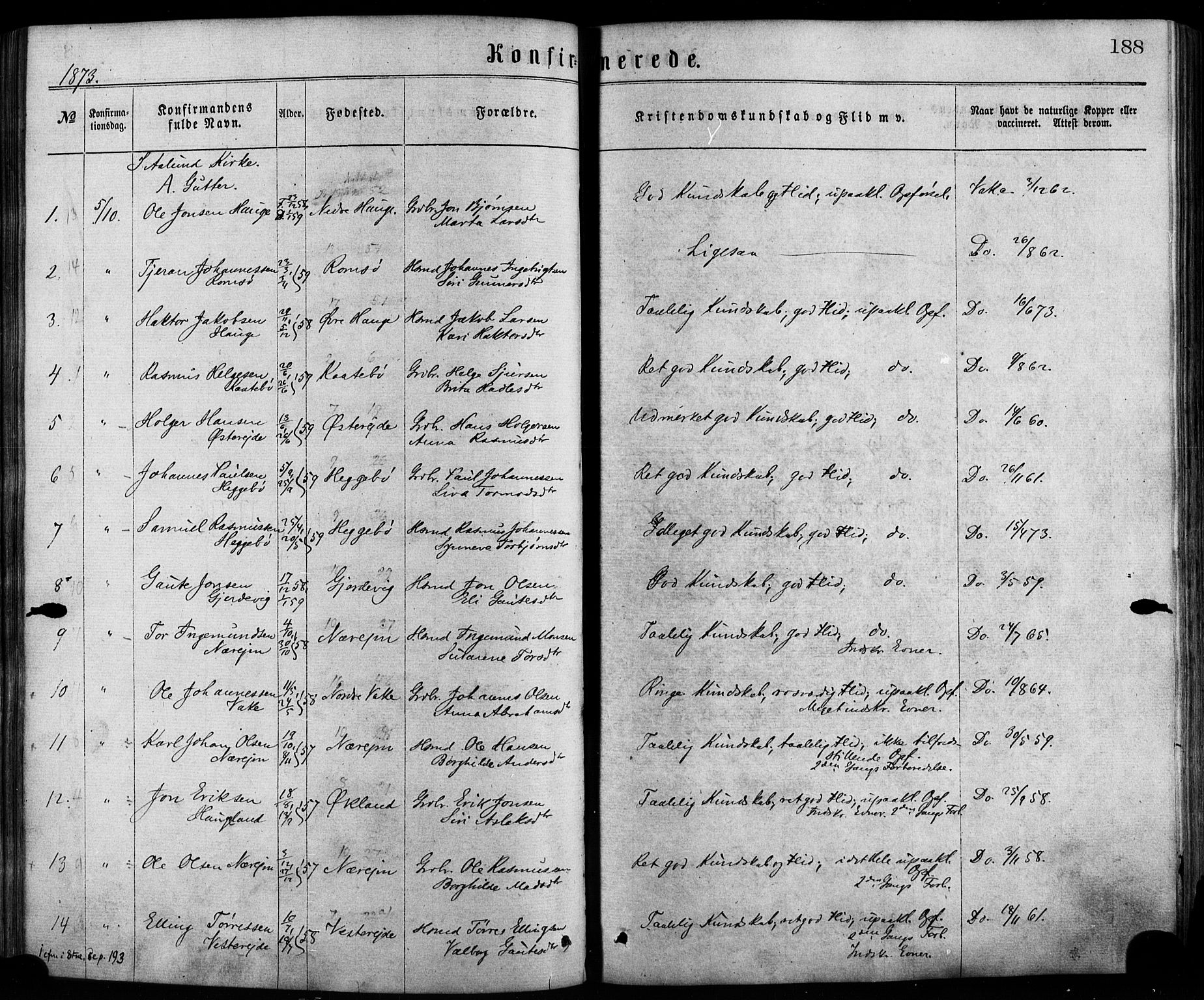Fjelberg sokneprestembete, SAB/A-75201/H/Haa: Parish register (official) no. A 8, 1866-1879, p. 188