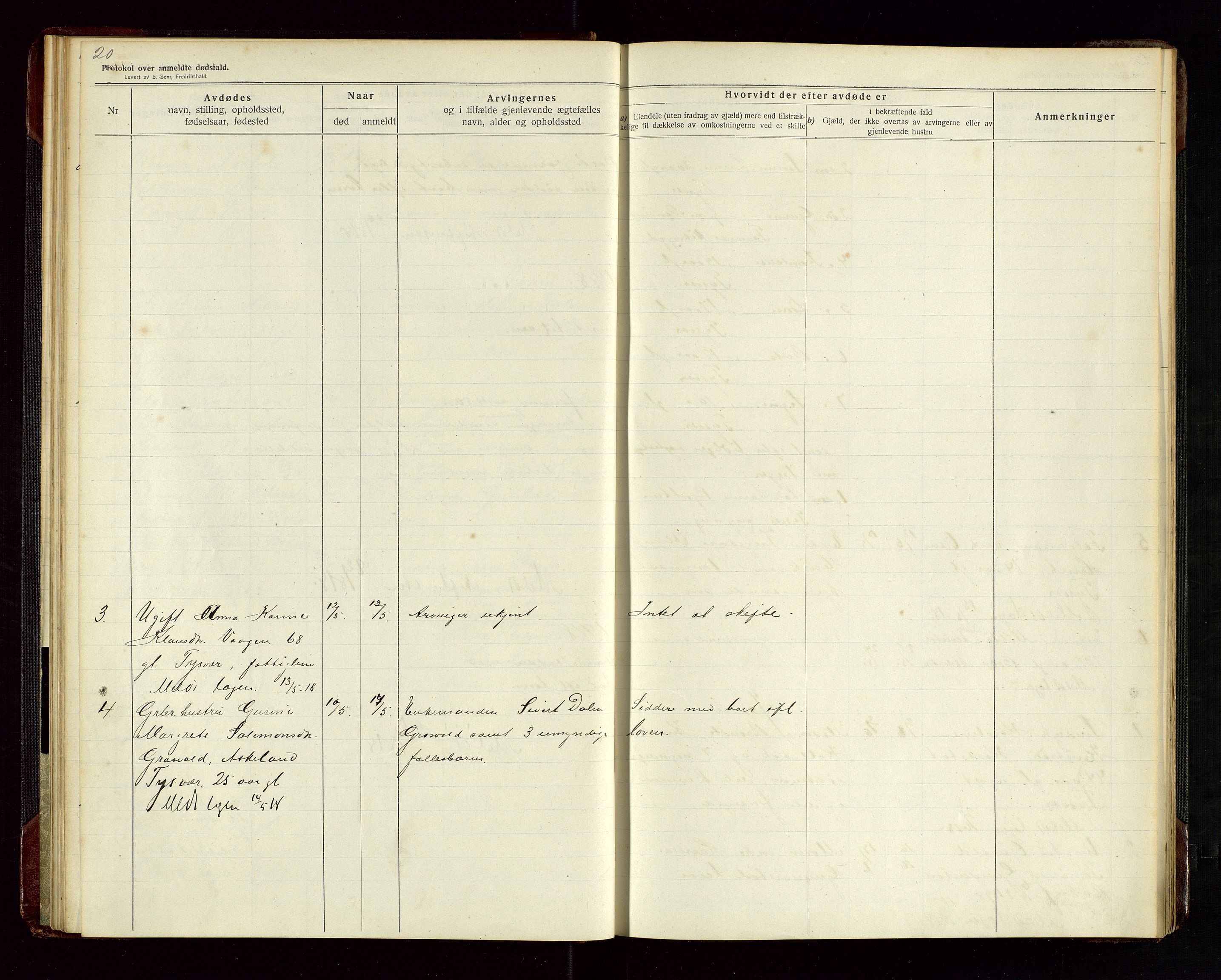 Tysvær lensmannskontor, AV/SAST-A-100192/Gga/L0003: "Protokol over anmeldte dødsfald i Tysvær" med register, 1916-1926, p. 20