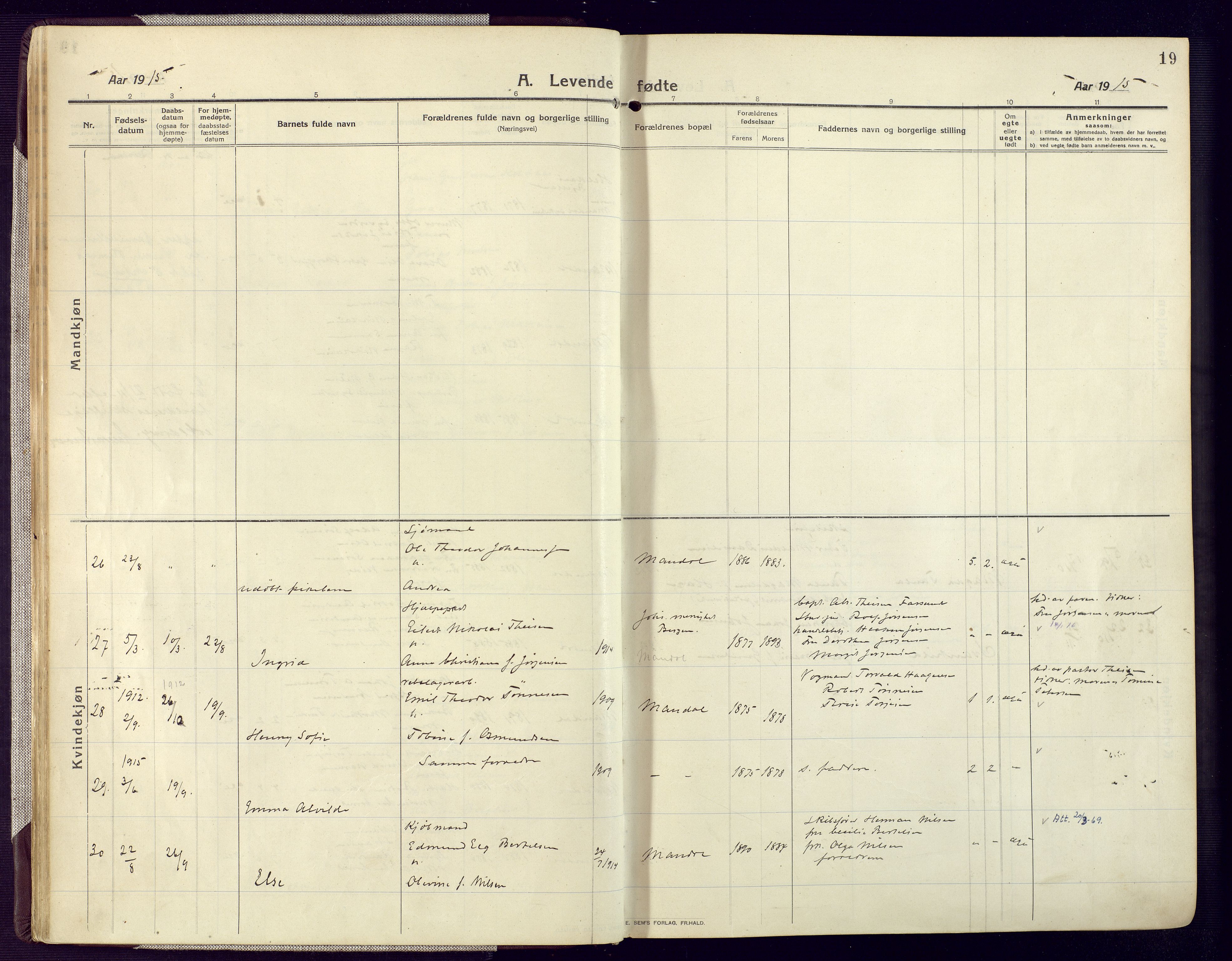 Mandal sokneprestkontor, AV/SAK-1111-0030/F/Fa/Fac/L0001: Parish register (official) no. A 1, 1913-1925, p. 19