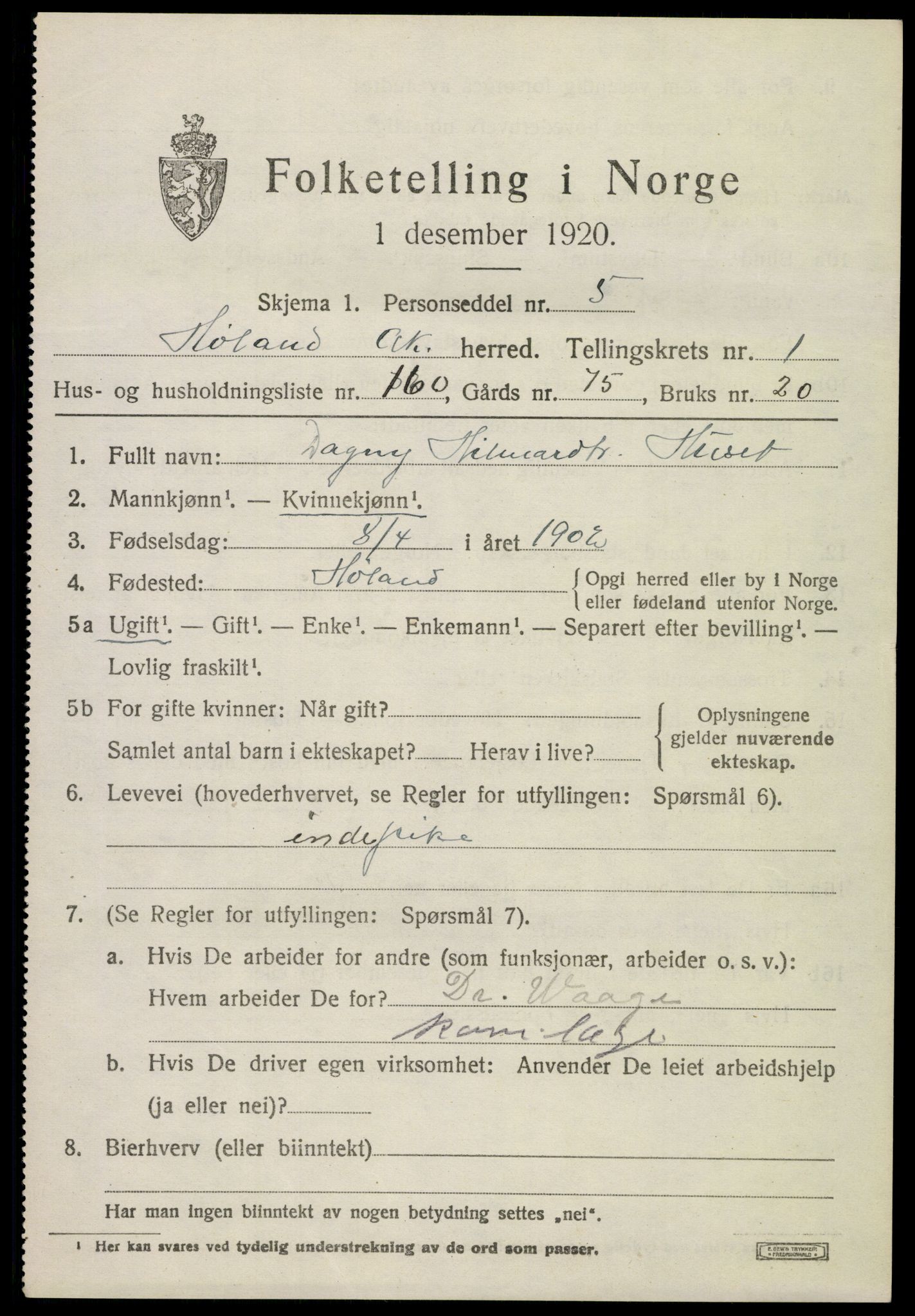 SAO, 1920 census for Høland, 1920, p. 3989