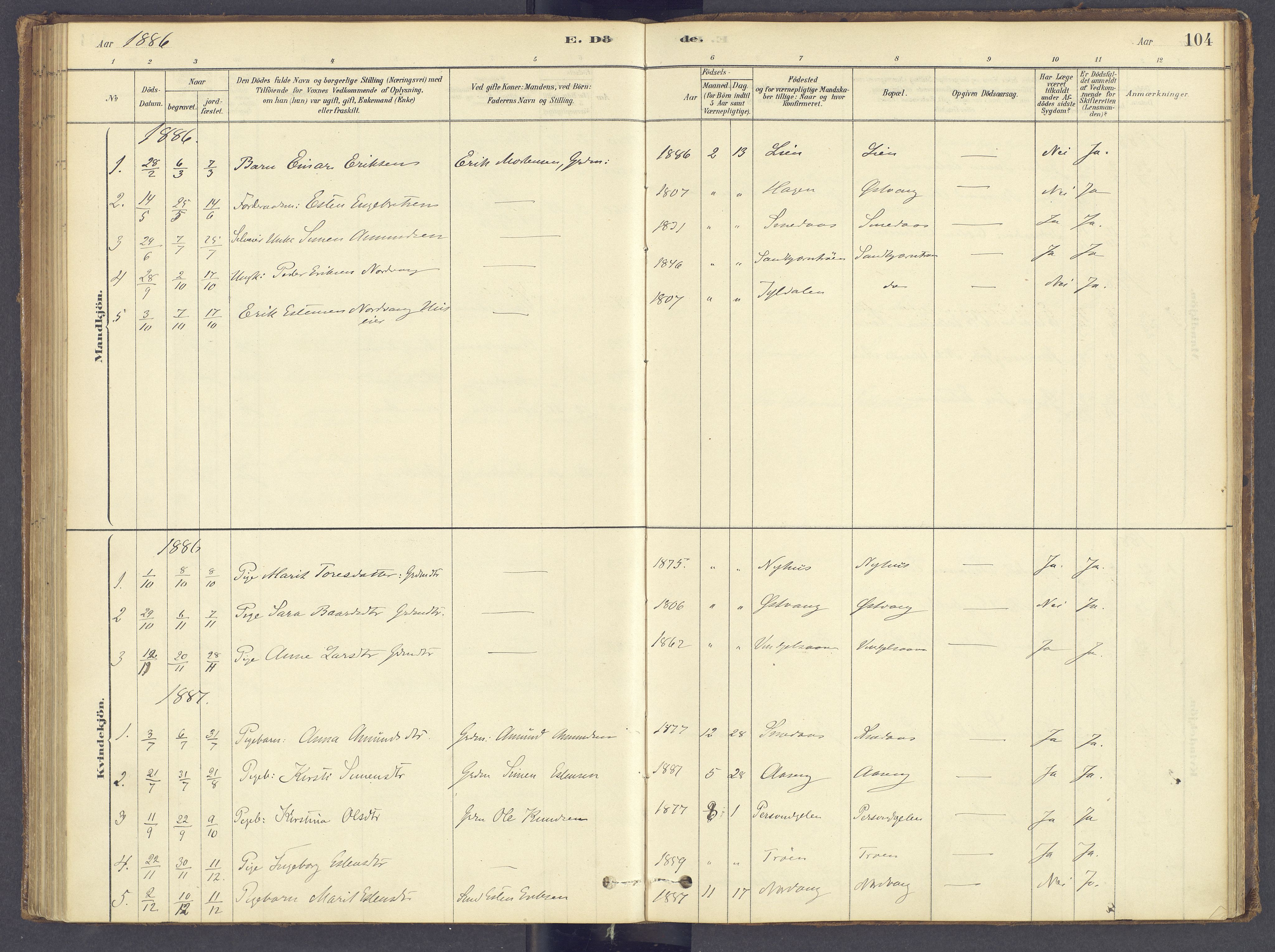 Tolga prestekontor, SAH/PREST-062/K/L0012: Parish register (official) no. 12, 1877-1925, p. 104