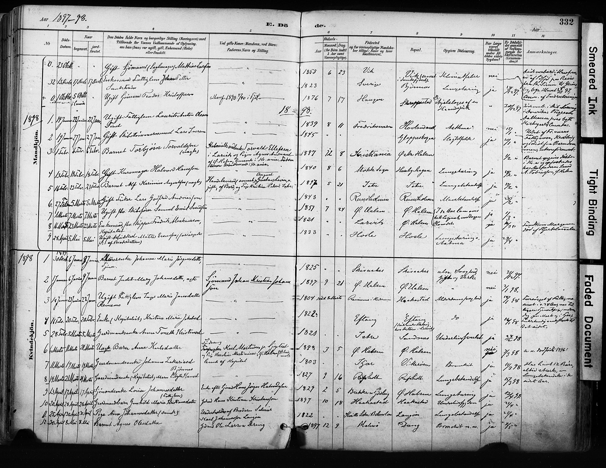 Tjølling kirkebøker, AV/SAKO-A-60/F/Fa/L0009: Parish register (official) no. 9, 1887-1905, p. 332