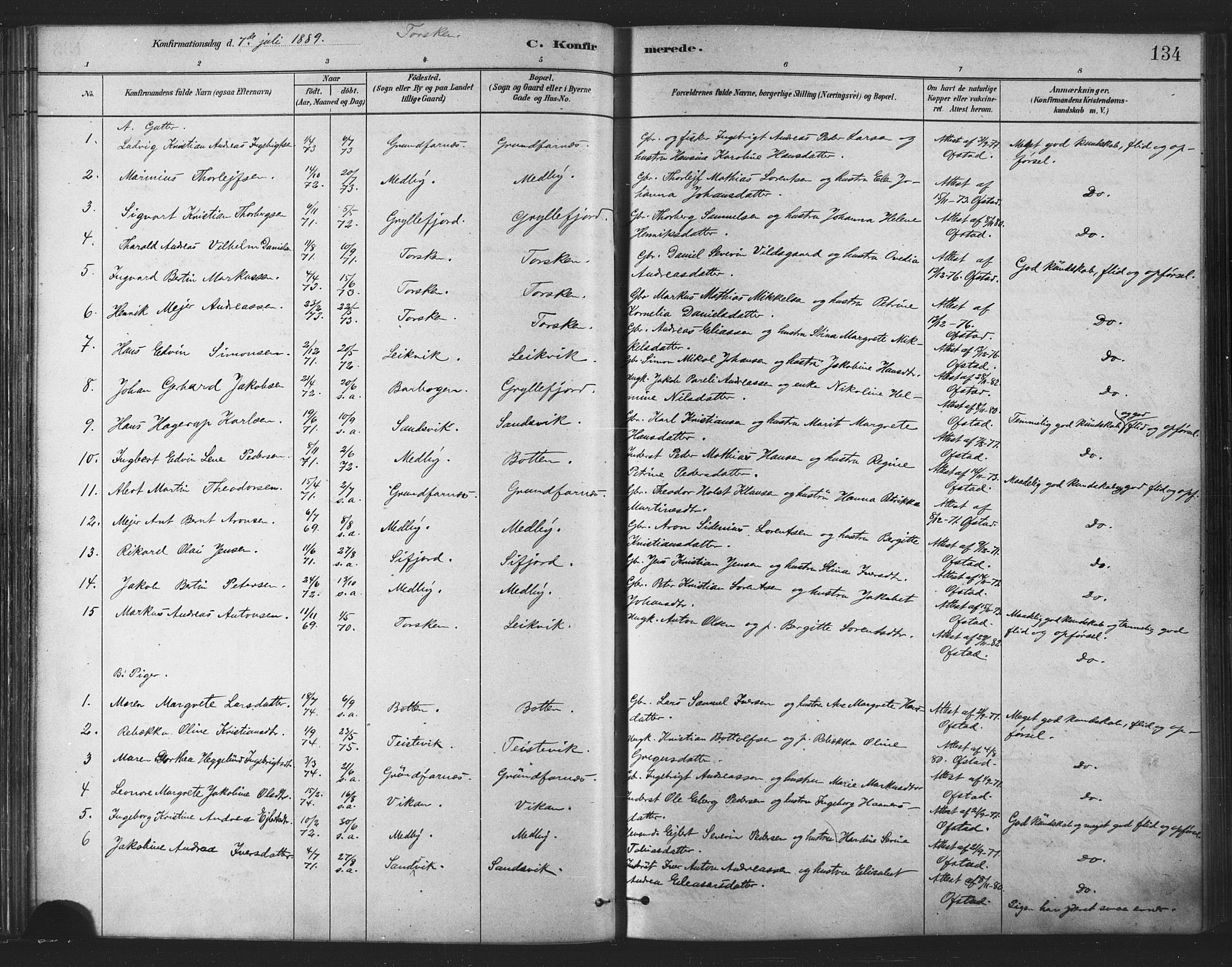 Berg sokneprestkontor, AV/SATØ-S-1318/G/Ga/Gaa/L0004kirke: Parish register (official) no. 4, 1880-1894, p. 134