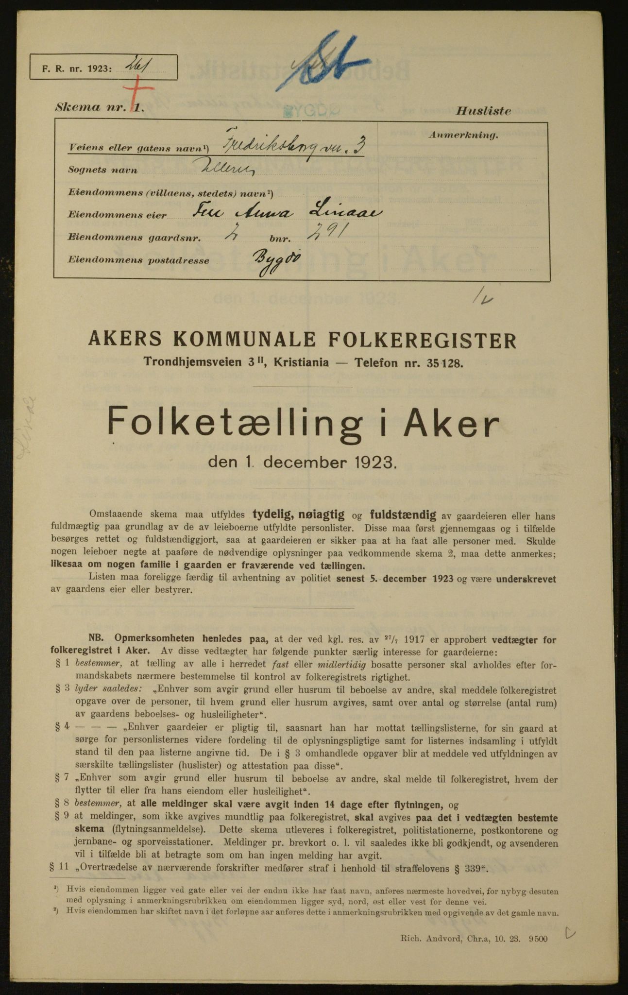 , Municipal Census 1923 for Aker, 1923, p. 1724