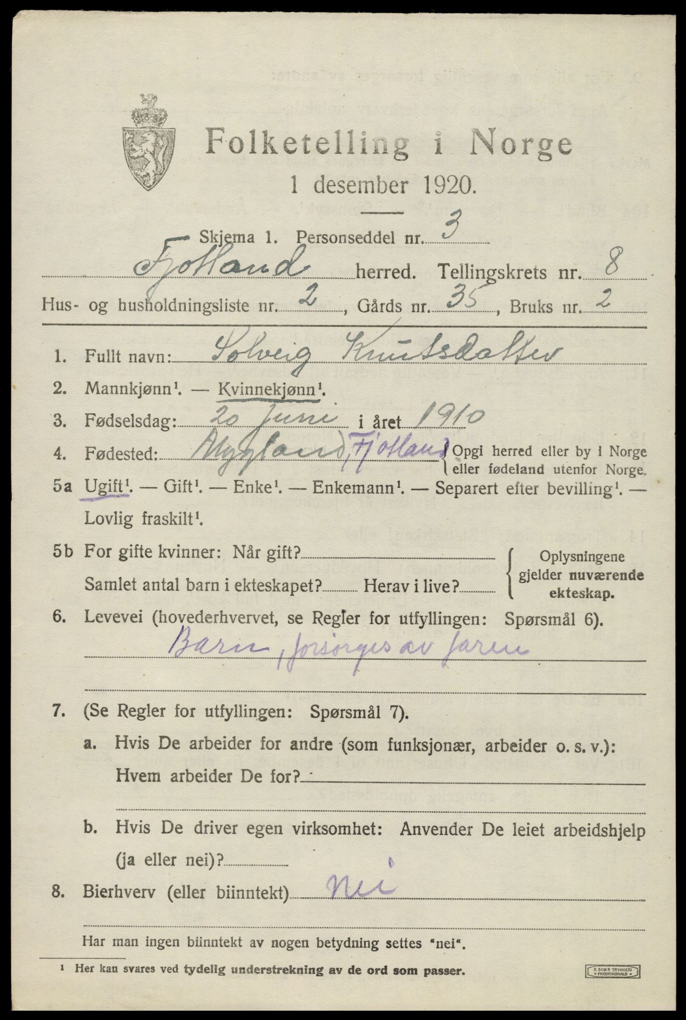 SAK, 1920 census for Fjotland, 1920, p. 2010