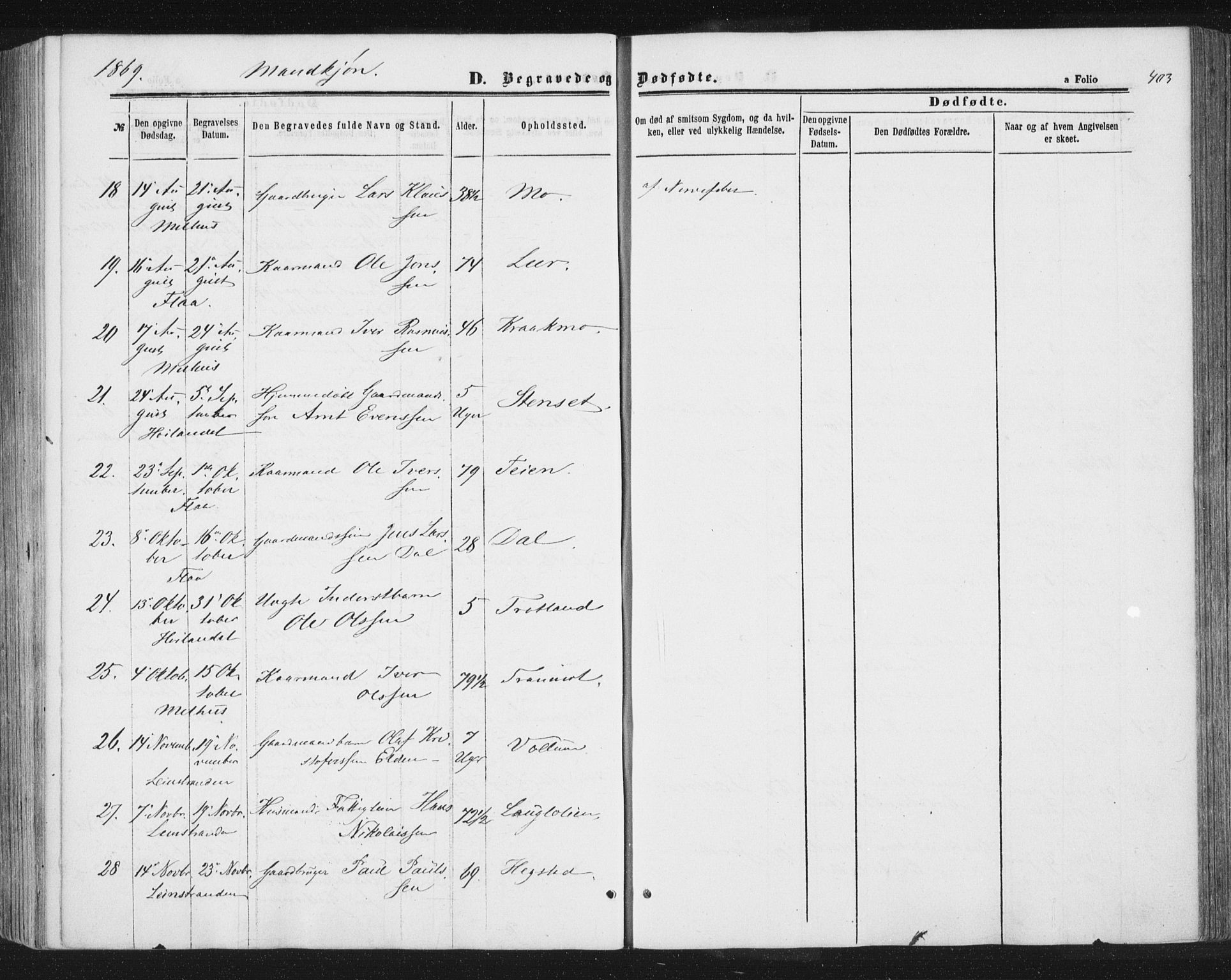 Ministerialprotokoller, klokkerbøker og fødselsregistre - Sør-Trøndelag, AV/SAT-A-1456/691/L1077: Parish register (official) no. 691A09, 1862-1873, p. 403