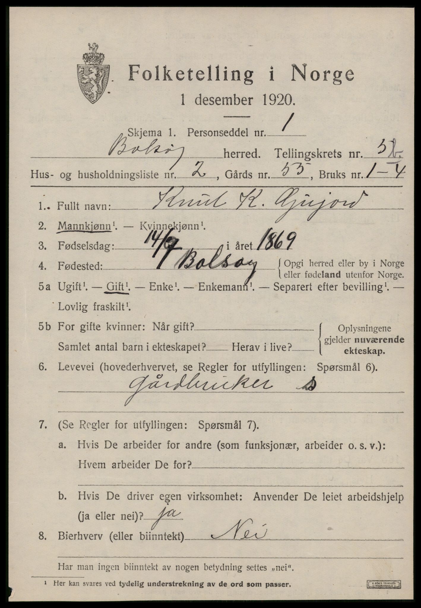 SAT, 1920 census for Bolsøy, 1920, p. 7555