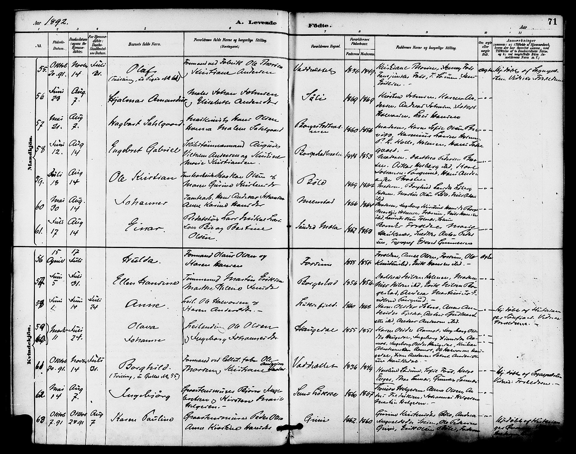 Gjerpen kirkebøker, AV/SAKO-A-265/F/Fa/L0010: Parish register (official) no. I 10, 1886-1895, p. 71