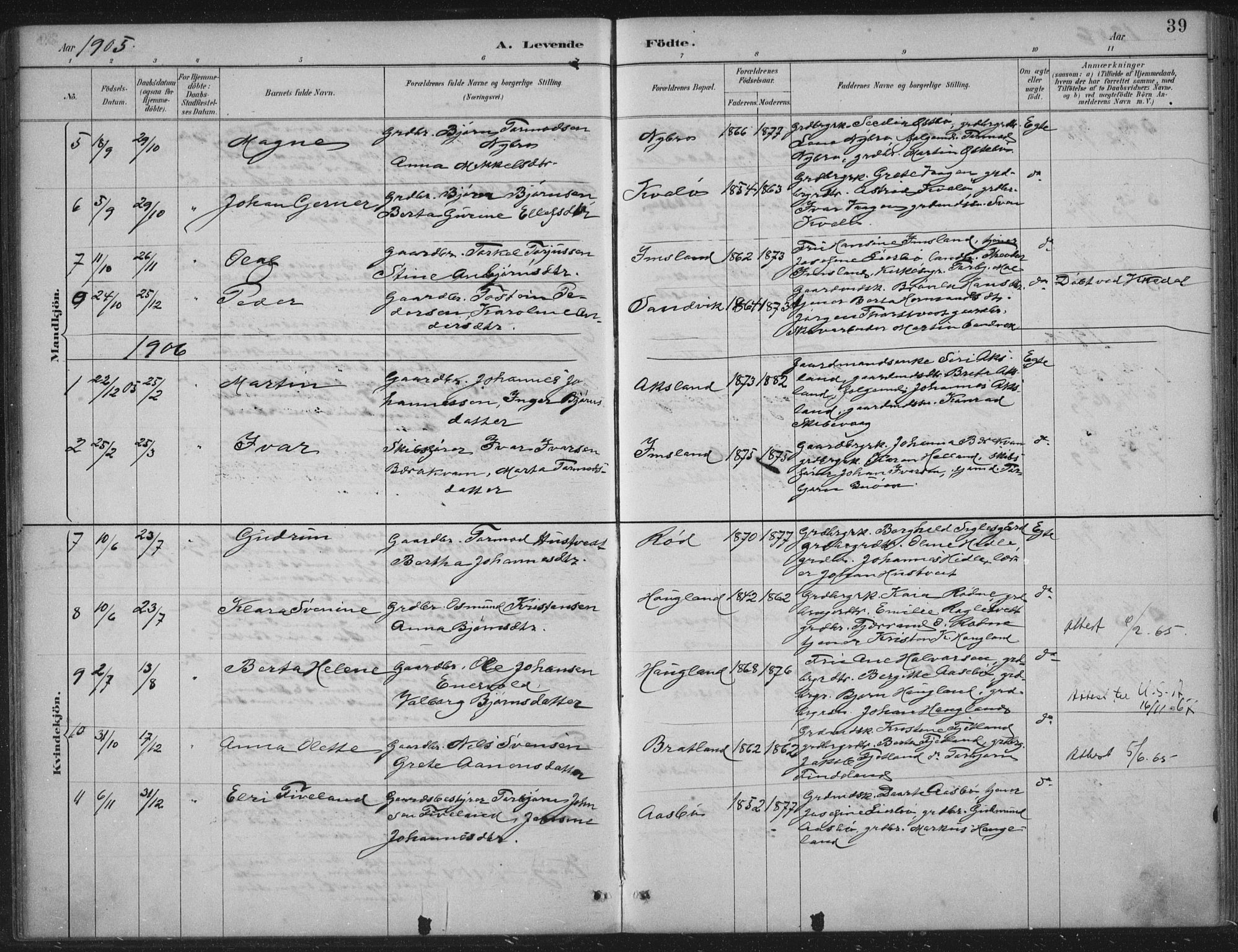 Vikedal sokneprestkontor, AV/SAST-A-101840/01/IV: Parish register (official) no. A 12, 1886-1929, p. 39