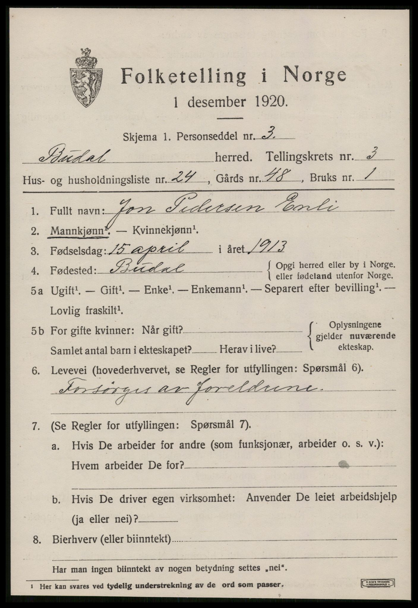 SAT, 1920 census for Budal, 1920, p. 1062