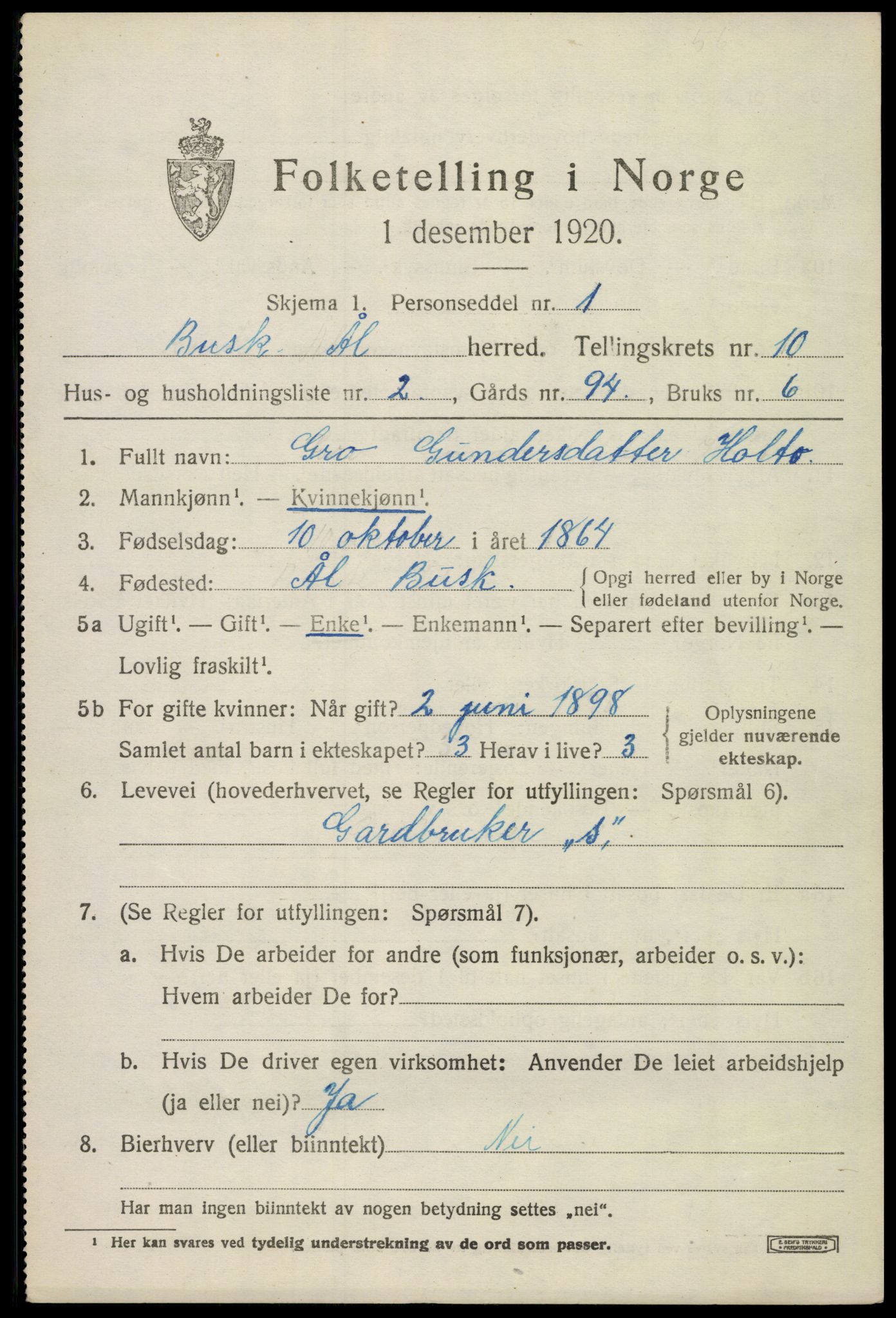 SAKO, 1920 census for Ål, 1920, p. 5958