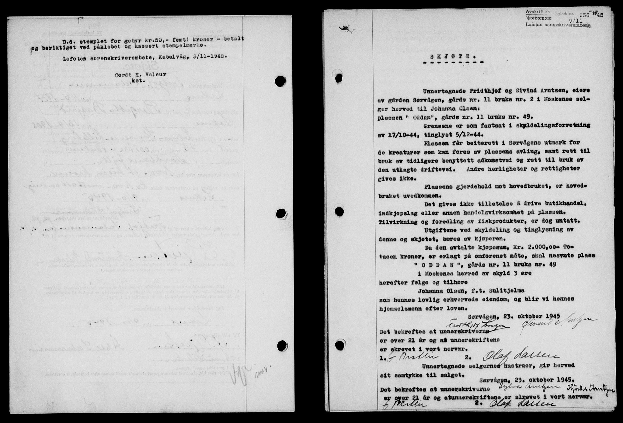 Lofoten sorenskriveri, SAT/A-0017/1/2/2C/L0013a: Mortgage book no. 13a, 1944-1946, Diary no: : 935/1945