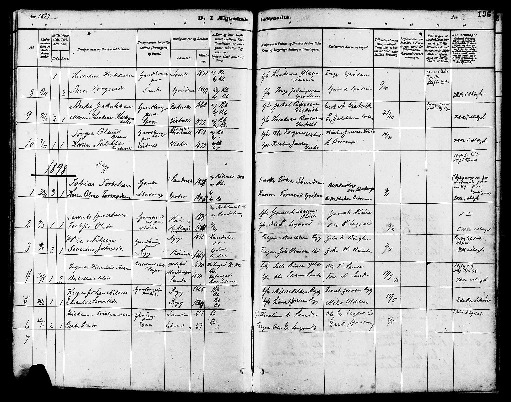 Hetland sokneprestkontor, SAST/A-101826/30/30BB/L0006: Parish register (copy) no. B 6, 1878-1921, p. 196