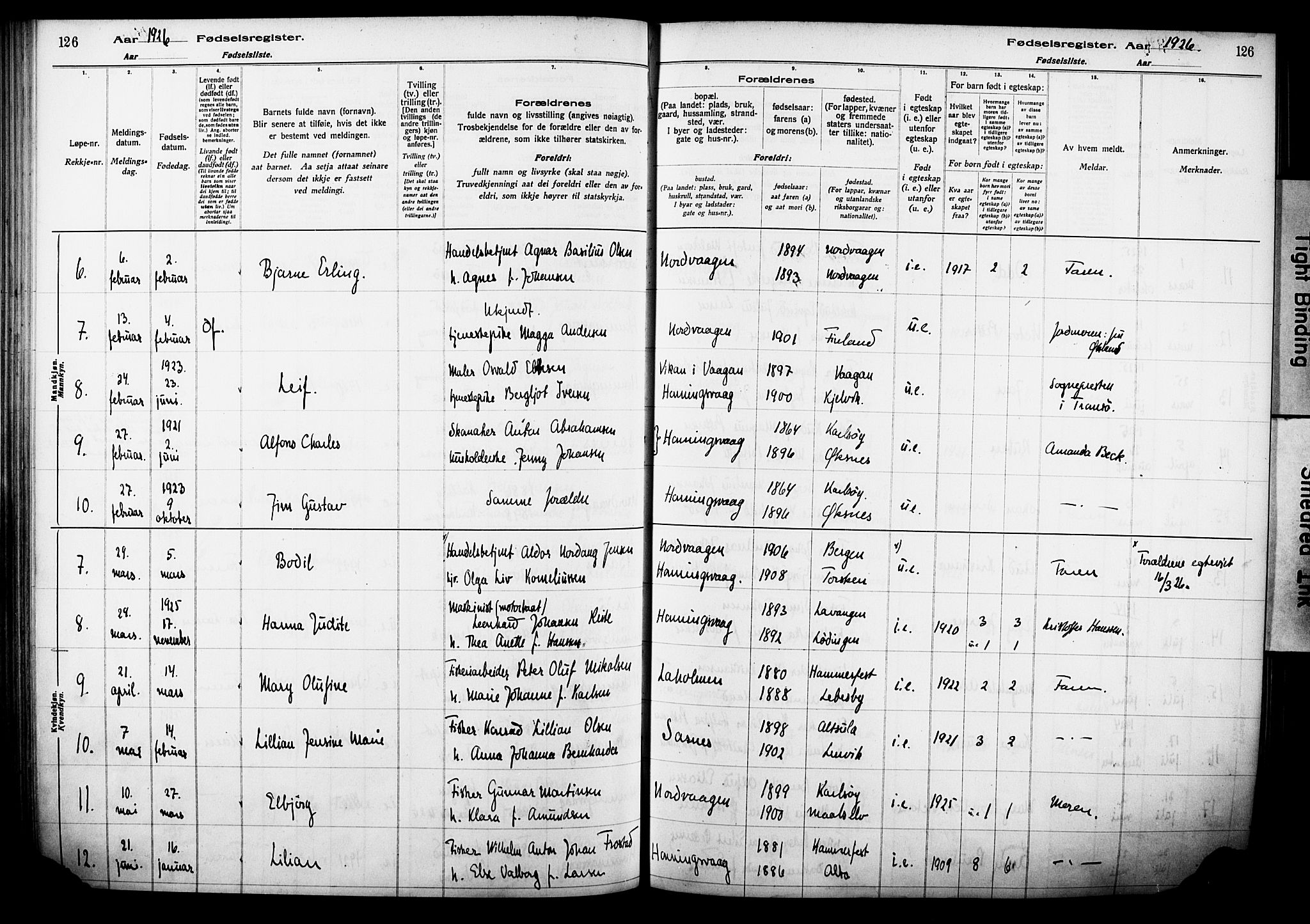 Kjelvik/Nordkapp sokneprestkontor, AV/SATØ-S-1350/I/Ia/L0015: Birth register no. 15, 1916-1930, p. 126