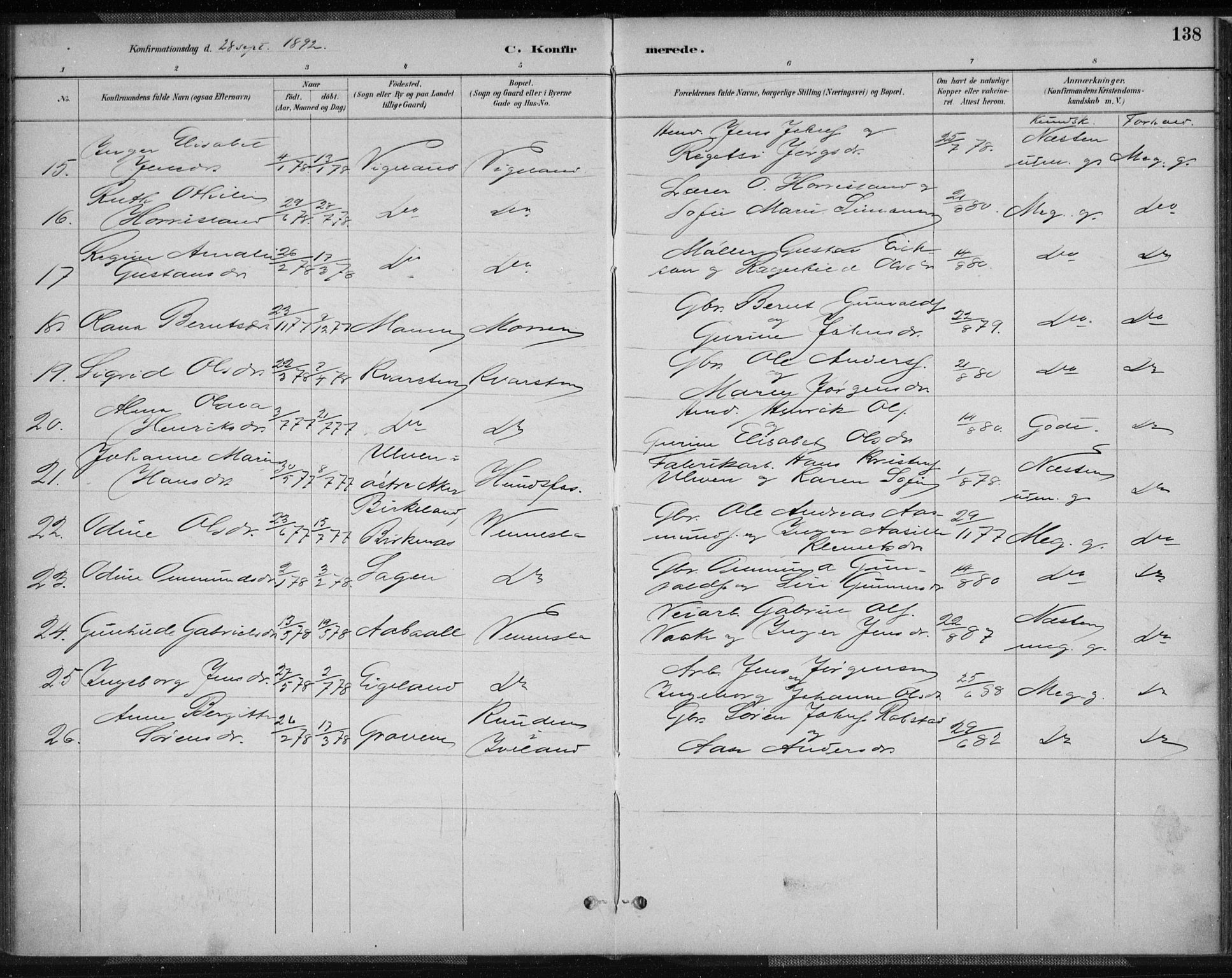 Vennesla sokneprestkontor, AV/SAK-1111-0045/Fa/Fab/L0004: Parish register (official) no. A 4, 1884-1896, p. 138