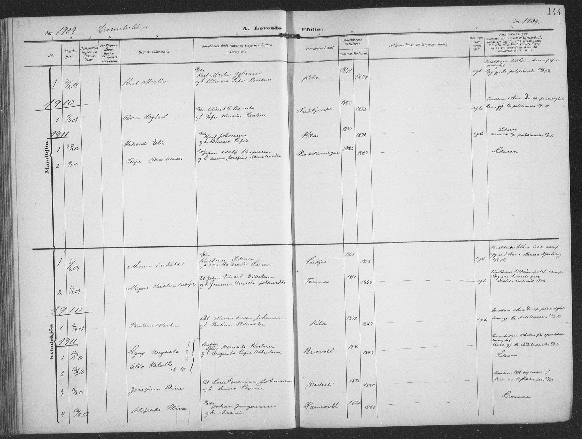Balsfjord sokneprestembete, SATØ/S-1303/G/Ga/L0009klokker: Parish register (copy) no. 9, 1906-1920, p. 144