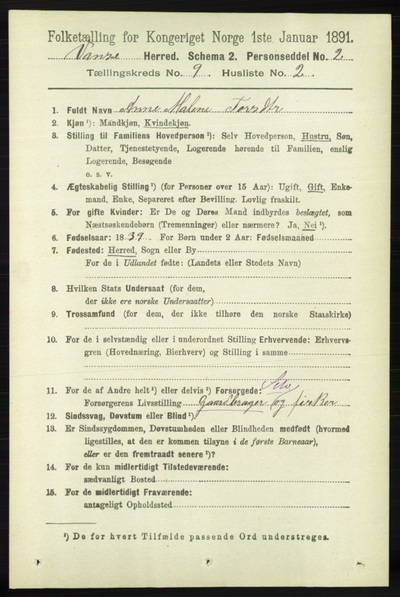 RA, 1891 census for 1041 Vanse, 1891, p. 5274