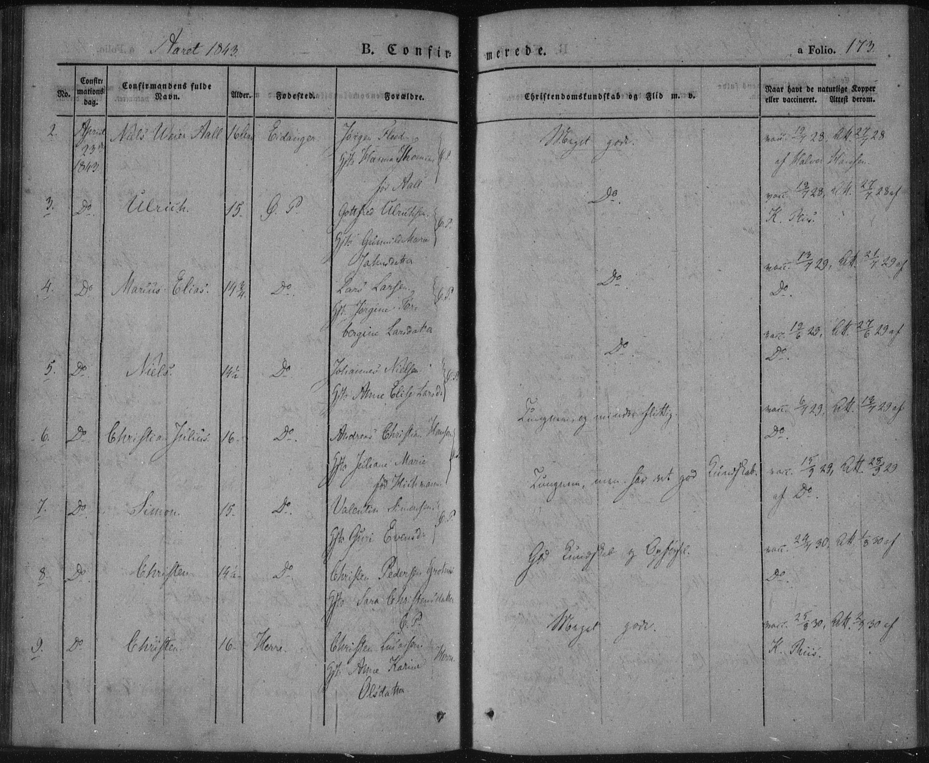 Porsgrunn kirkebøker , SAKO/A-104/F/Fa/L0006: Parish register (official) no. 6, 1841-1857, p. 173