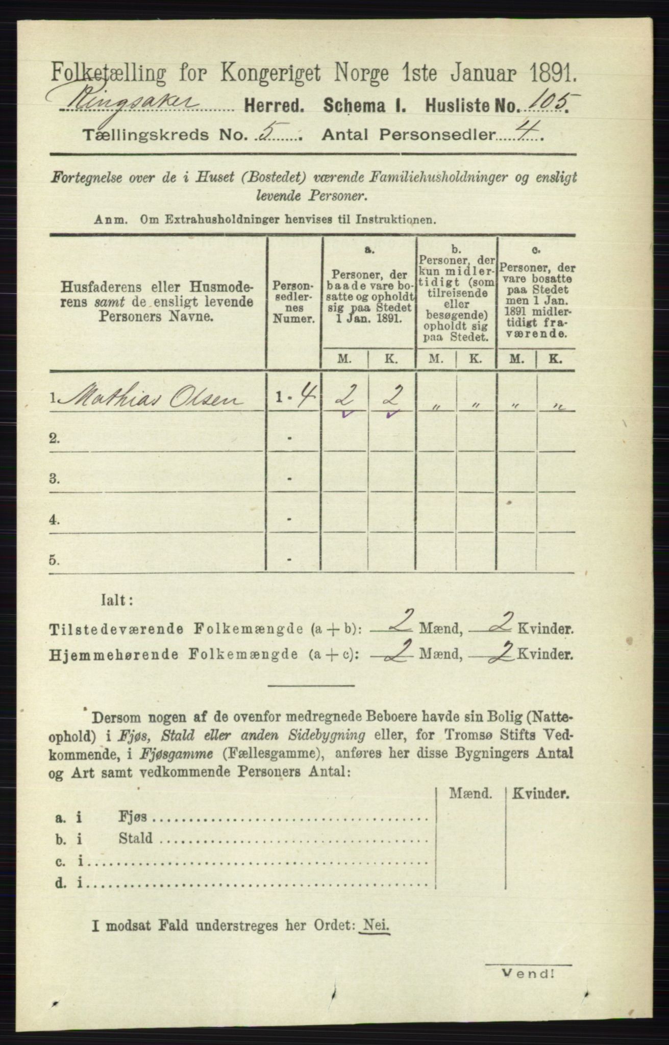 RA, 1891 census for 0412 Ringsaker, 1891, p. 2400