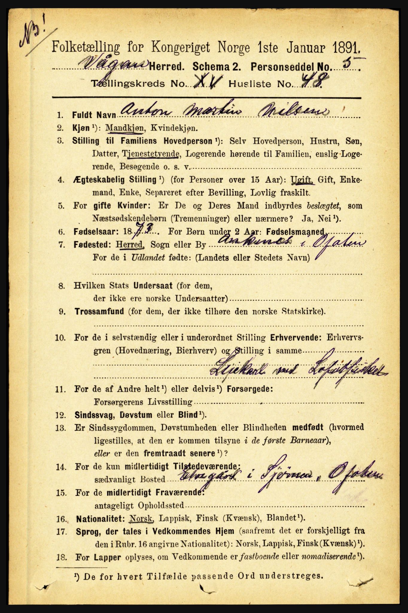 RA, 1891 census for 1865 Vågan, 1891, p. 4510