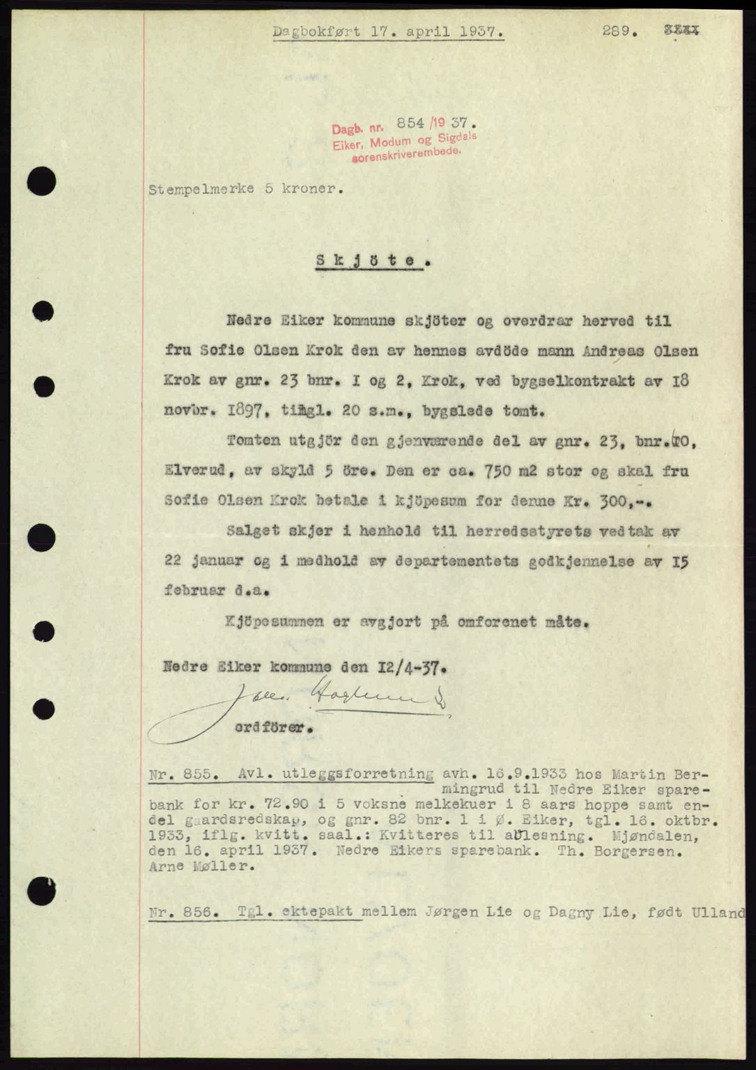 Eiker, Modum og Sigdal sorenskriveri, SAKO/A-123/G/Ga/Gab/L0035: Mortgage book no. A5, 1937-1937, Diary no: : 854/1937