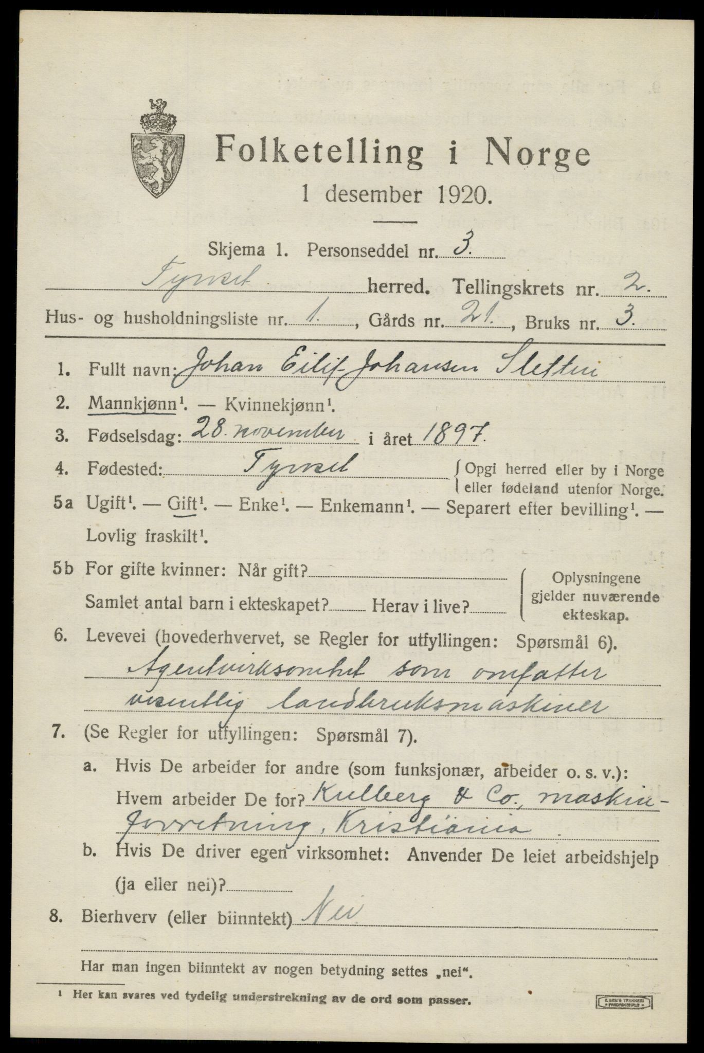 SAH, 1920 census for Tynset, 1920, p. 2278