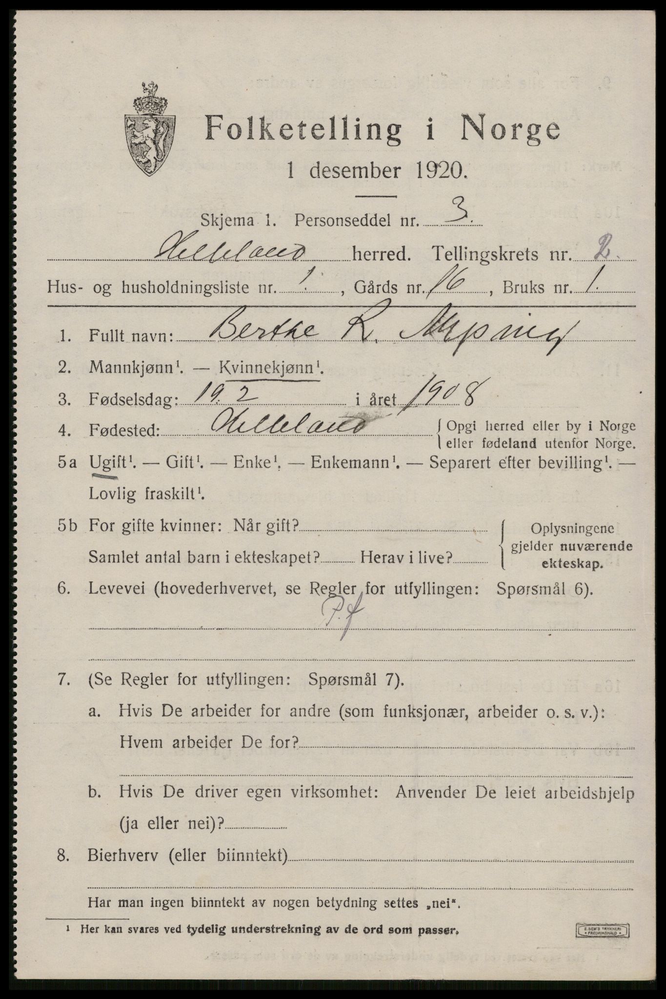 SAST, 1920 census for Helleland, 1920, p. 989