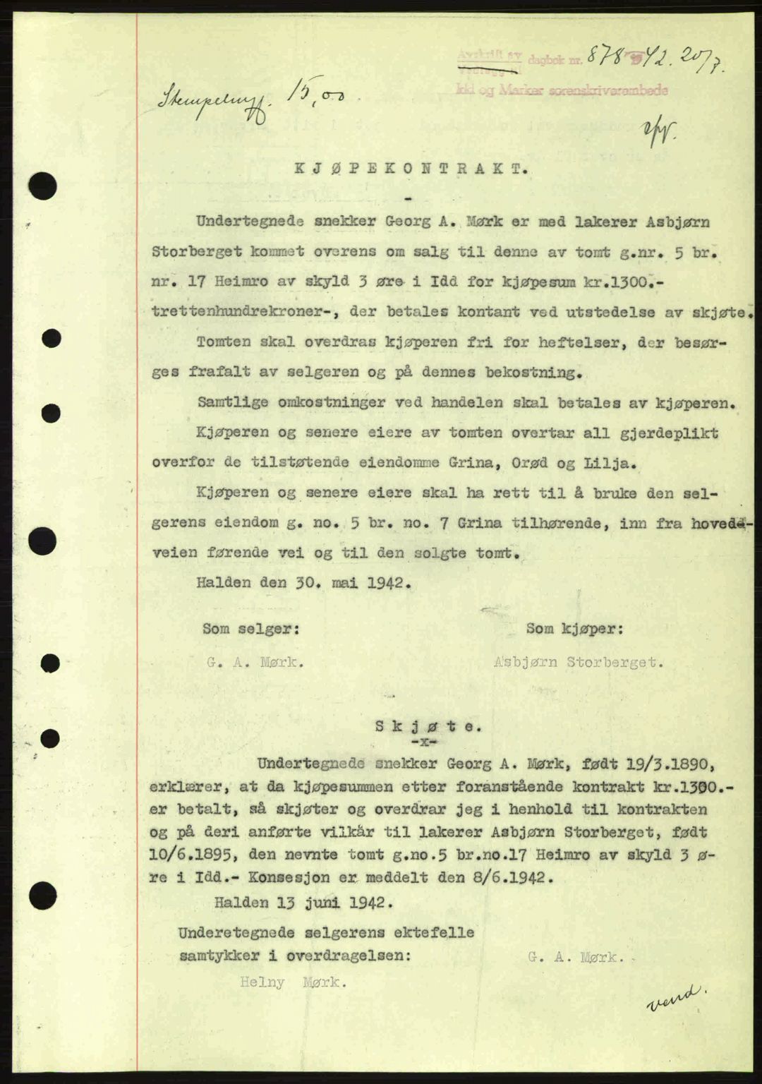 Idd og Marker sorenskriveri, AV/SAO-A-10283/G/Gb/Gbb/L0005: Mortgage book no. A5, 1941-1943, Diary no: : 878/1942