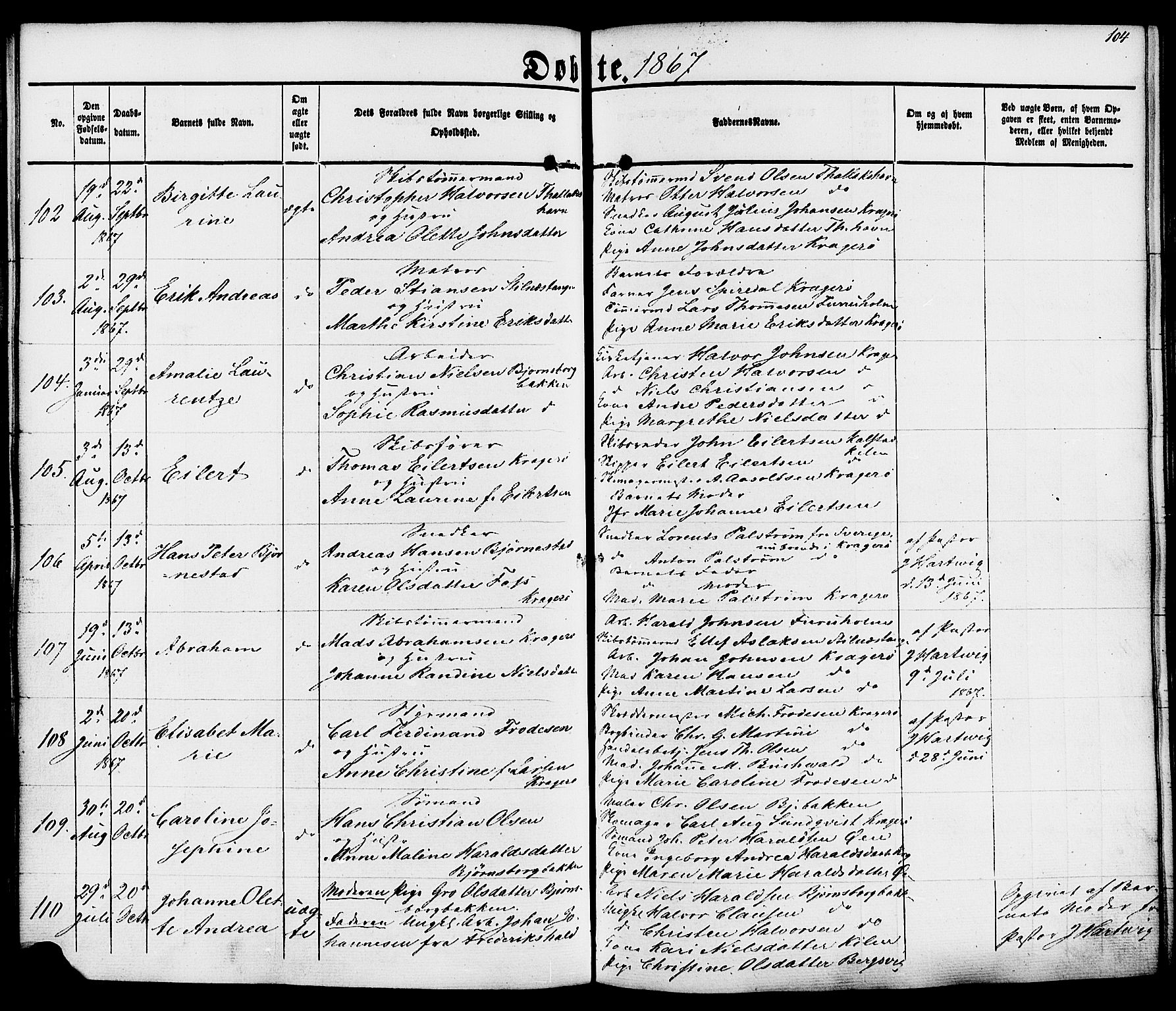 Kragerø kirkebøker, SAKO/A-278/F/Fa/L0007: Parish register (official) no. 7, 1861-1875, p. 104