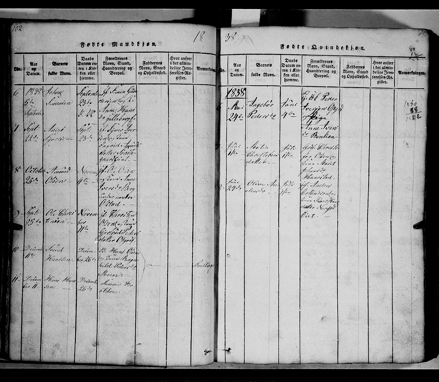 Gausdal prestekontor, SAH/PREST-090/H/Ha/Hab/L0002: Parish register (copy) no. 2, 1818-1874, p. 102-103