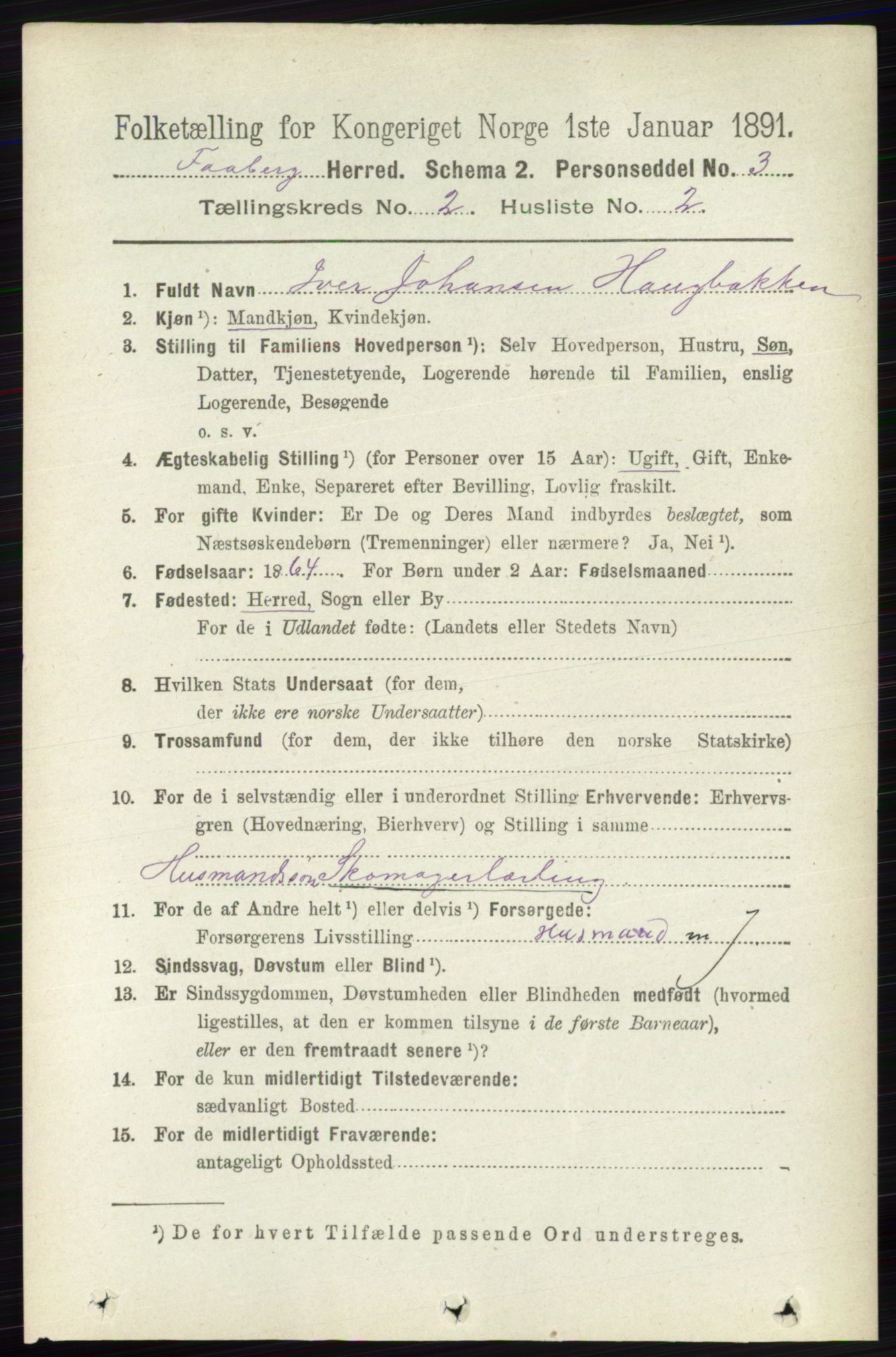 RA, 1891 census for 0524 Fåberg, 1891, p. 607