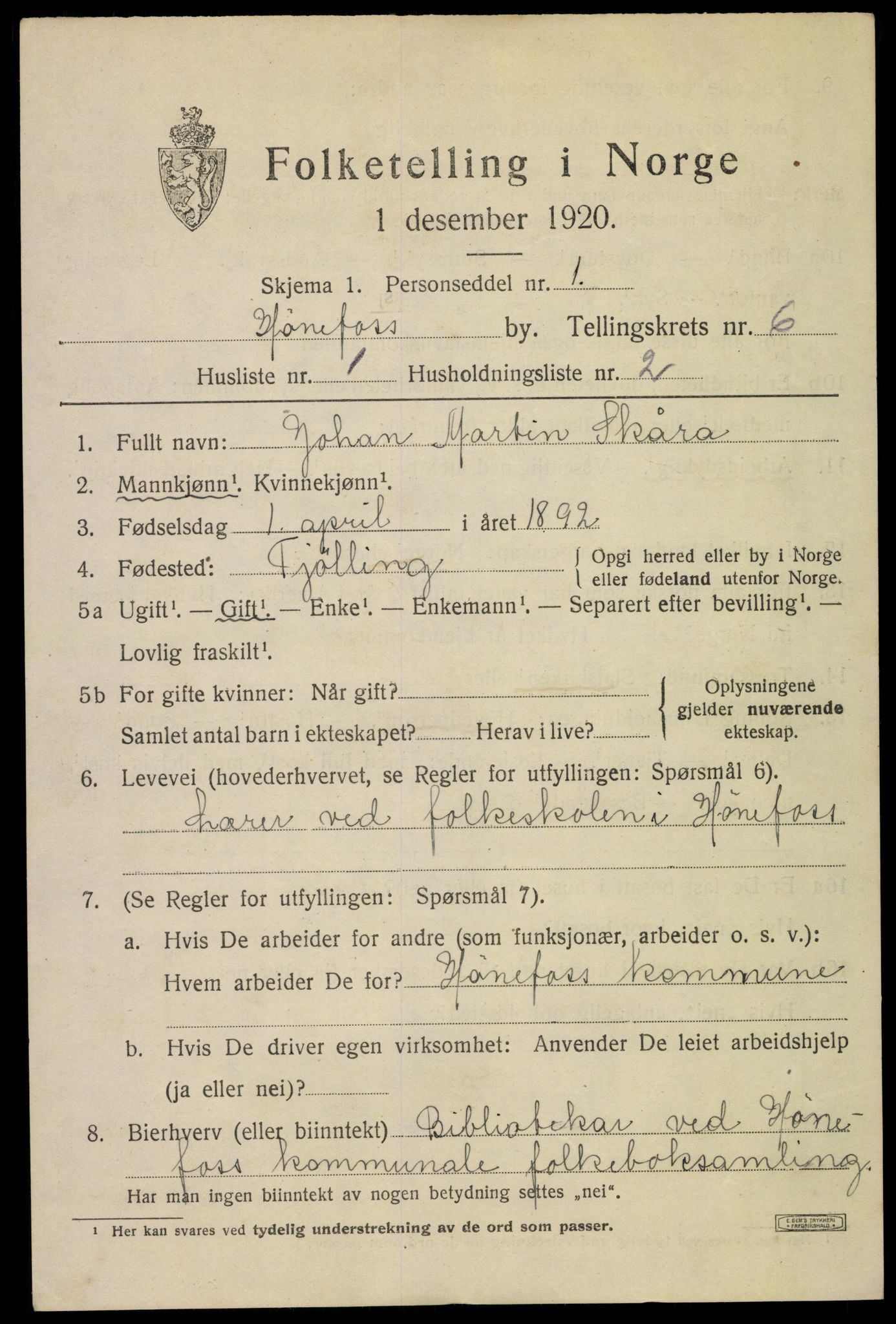 SAKO, 1920 census for Hønefoss, 1920, p. 6966