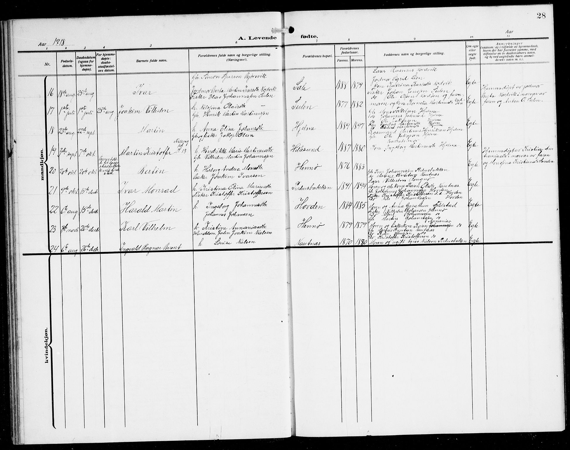 Herdla Sokneprestembete, SAB/A-75701/H/Hab: Parish register (copy) no. B 1, 1909-1929, p. 28
