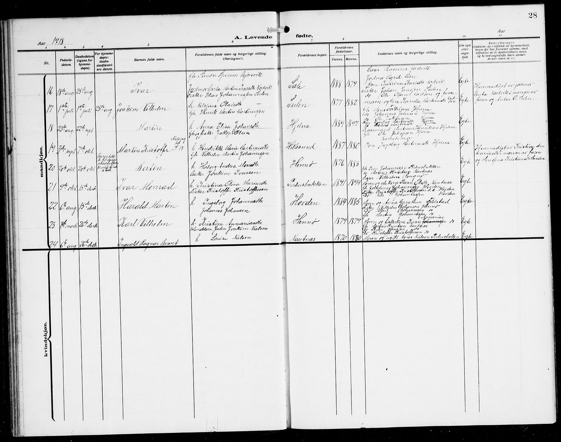 Herdla Sokneprestembete, AV/SAB-A-75701/H/Hab: Parish register (copy) no. B 1, 1909-1929, p. 28