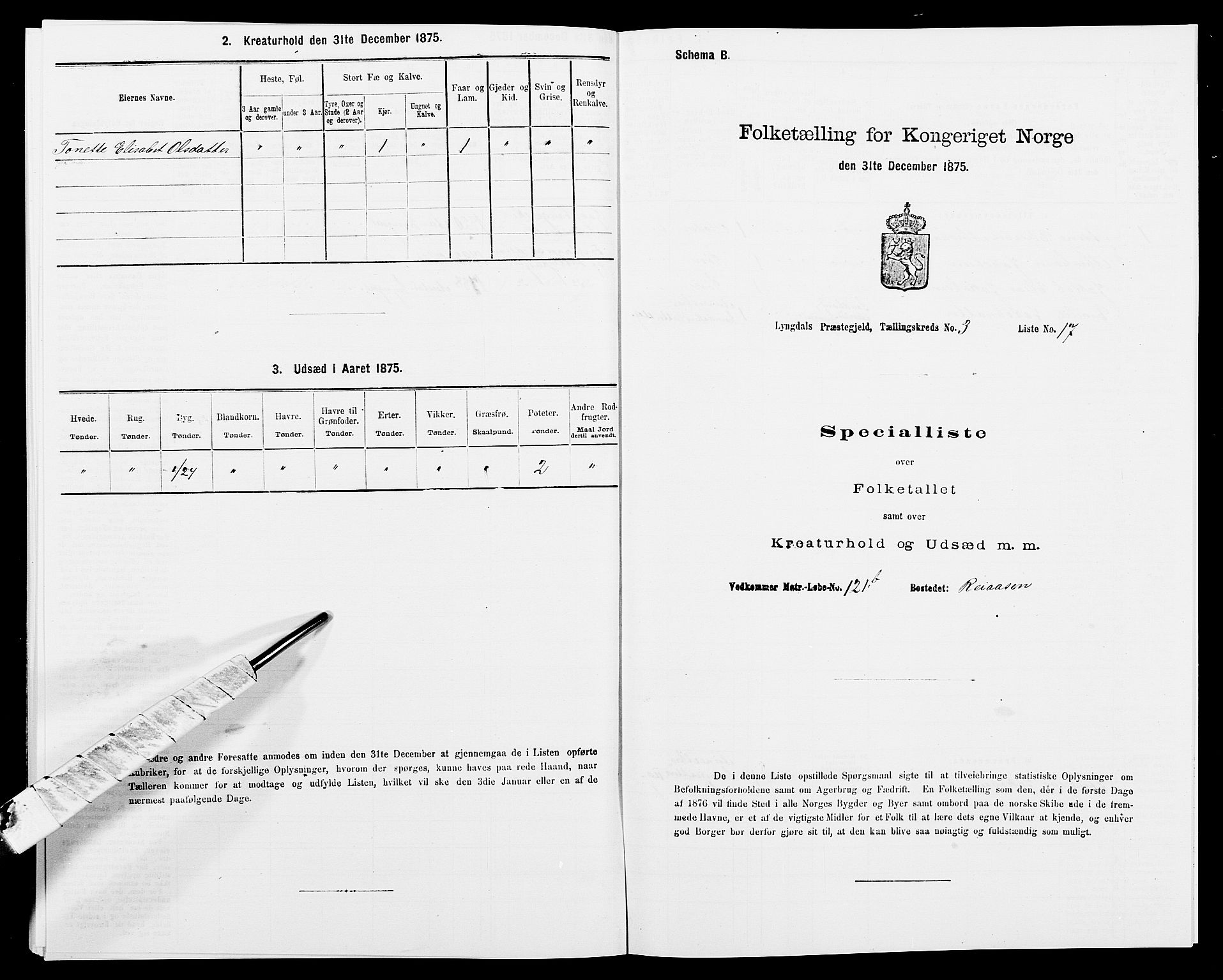 SAK, 1875 census for 1032P Lyngdal, 1875, p. 509