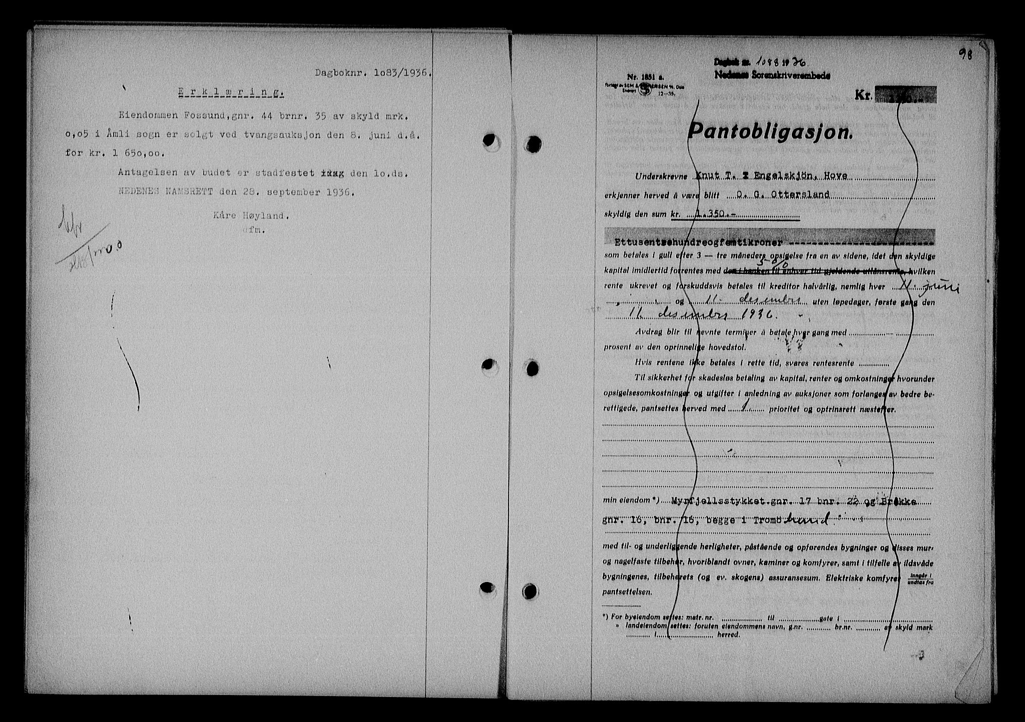 Nedenes sorenskriveri, SAK/1221-0006/G/Gb/Gba/L0043: Mortgage book no. 39, 1936-1937, Diary no: : 1088/1936