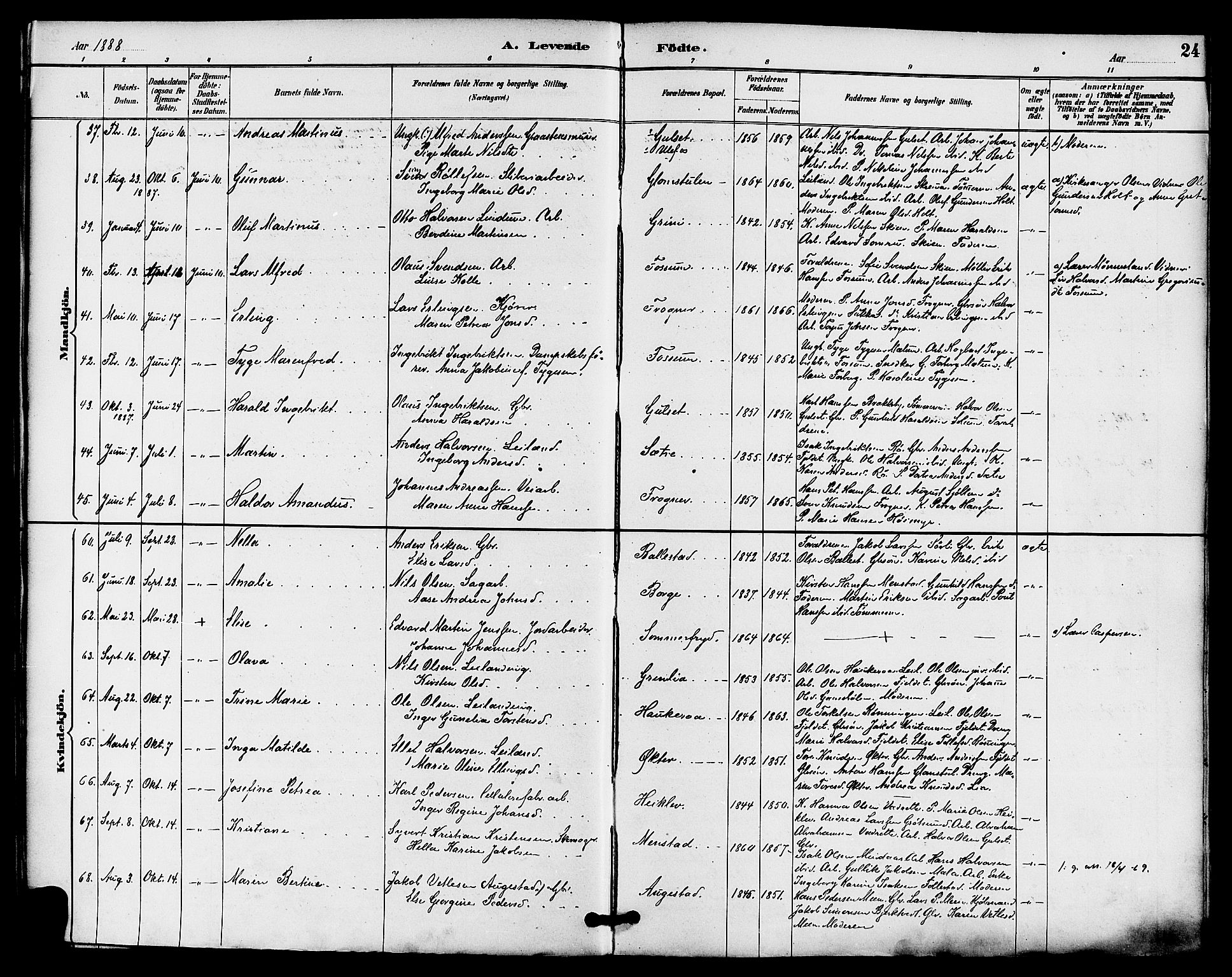 Gjerpen kirkebøker, SAKO/A-265/F/Fa/L0010: Parish register (official) no. I 10, 1886-1895, p. 24