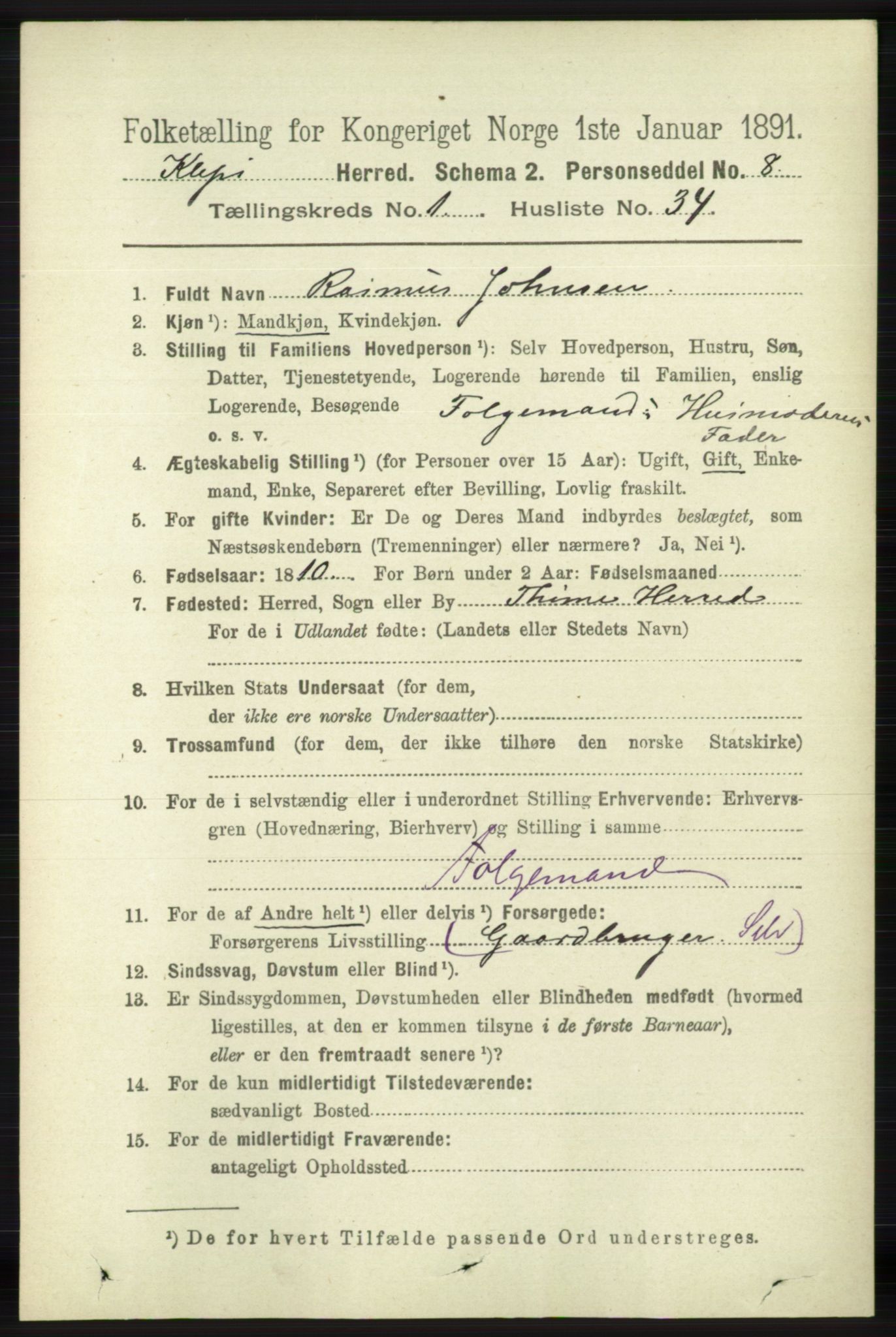 RA, 1891 census for 1120 Klepp, 1891, p. 296