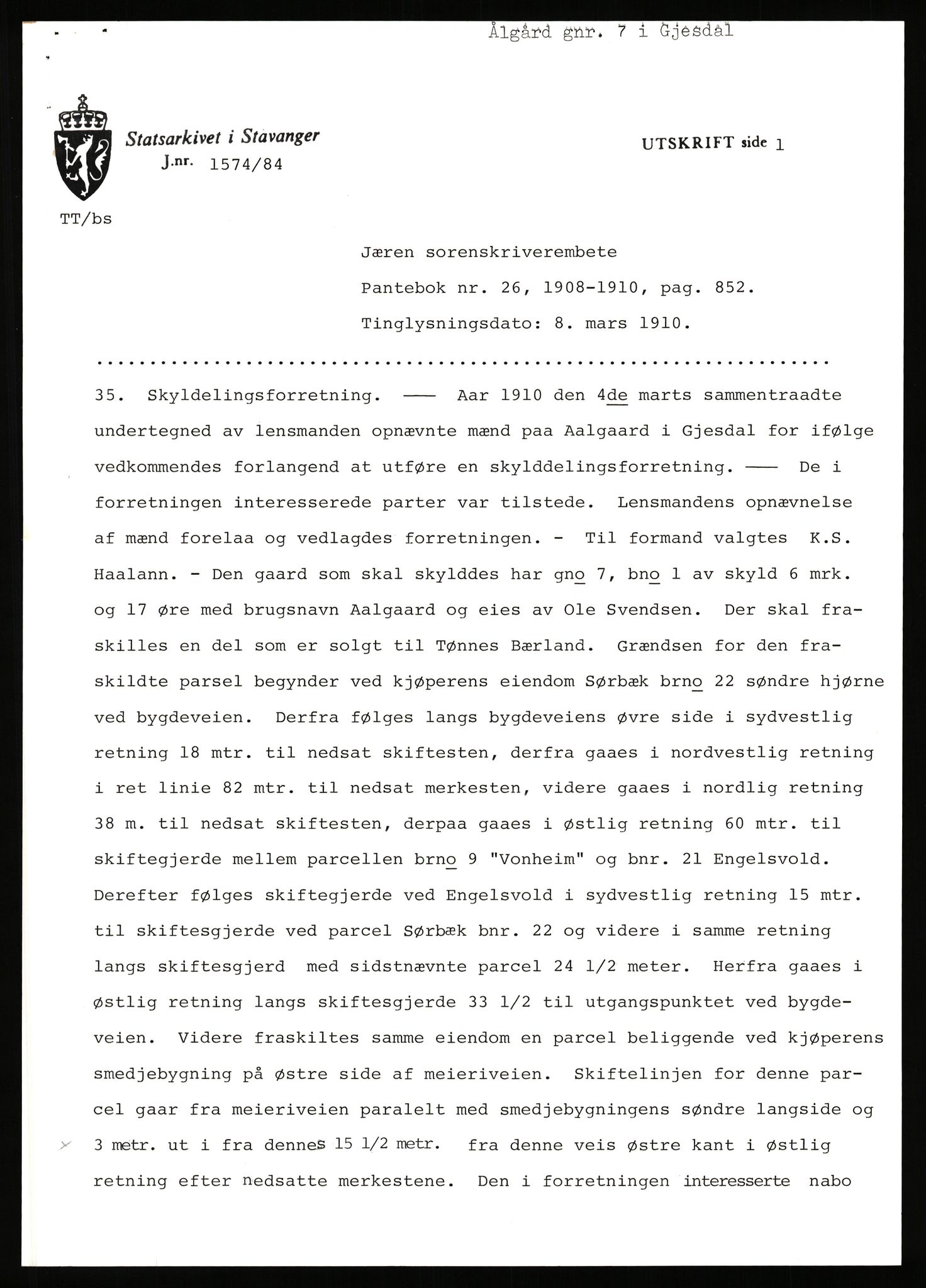 Statsarkivet i Stavanger, AV/SAST-A-101971/03/Y/Yj/L0100: Avskrifter sortert etter gårdsnavn: Ålgård - Årsland, 1750-1930, p. 36