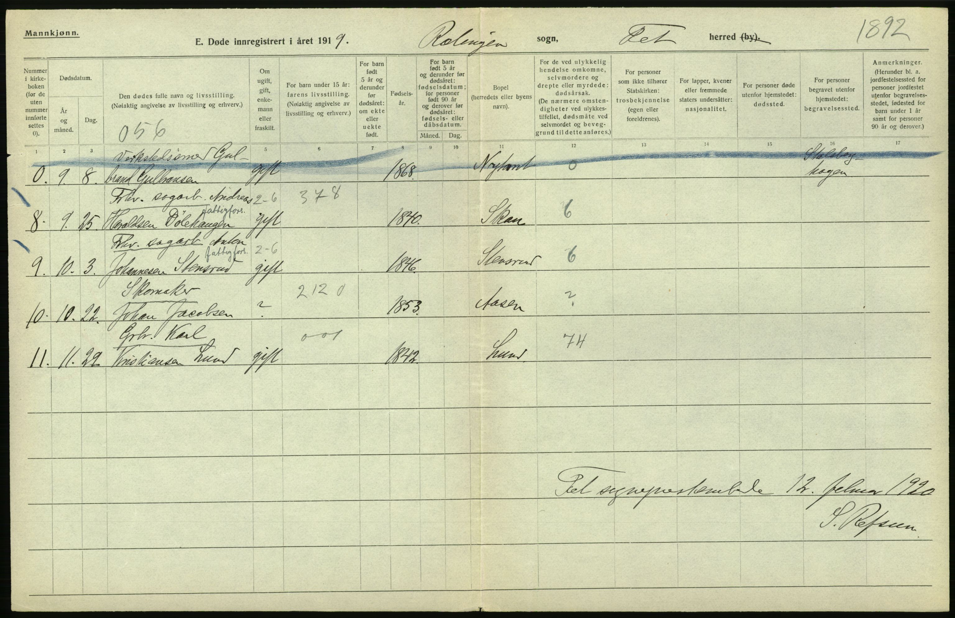 Statistisk sentralbyrå, Sosiodemografiske emner, Befolkning, RA/S-2228/D/Df/Dfb/Dfbi/L0006: Akershus fylke: Døde. Bygder og byer., 1919, p. 178