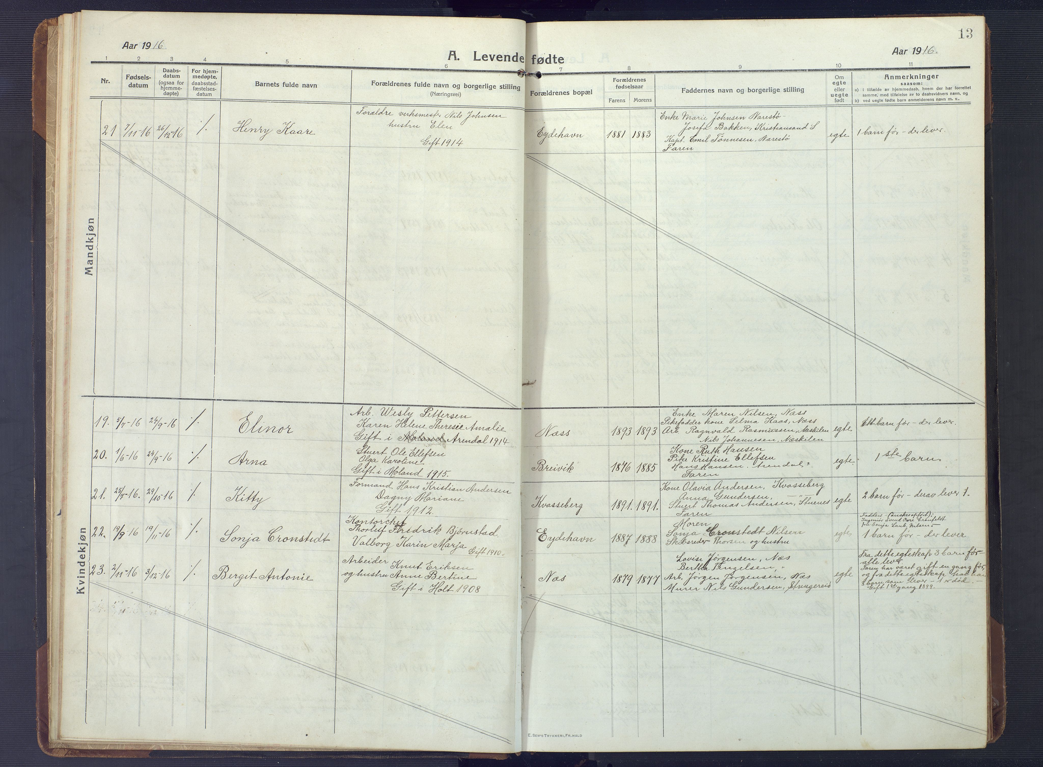 Austre Moland sokneprestkontor, SAK/1111-0001/F/Fb/Fbb/L0004: Parish register (copy) no. B 4, 1914-1929, p. 13