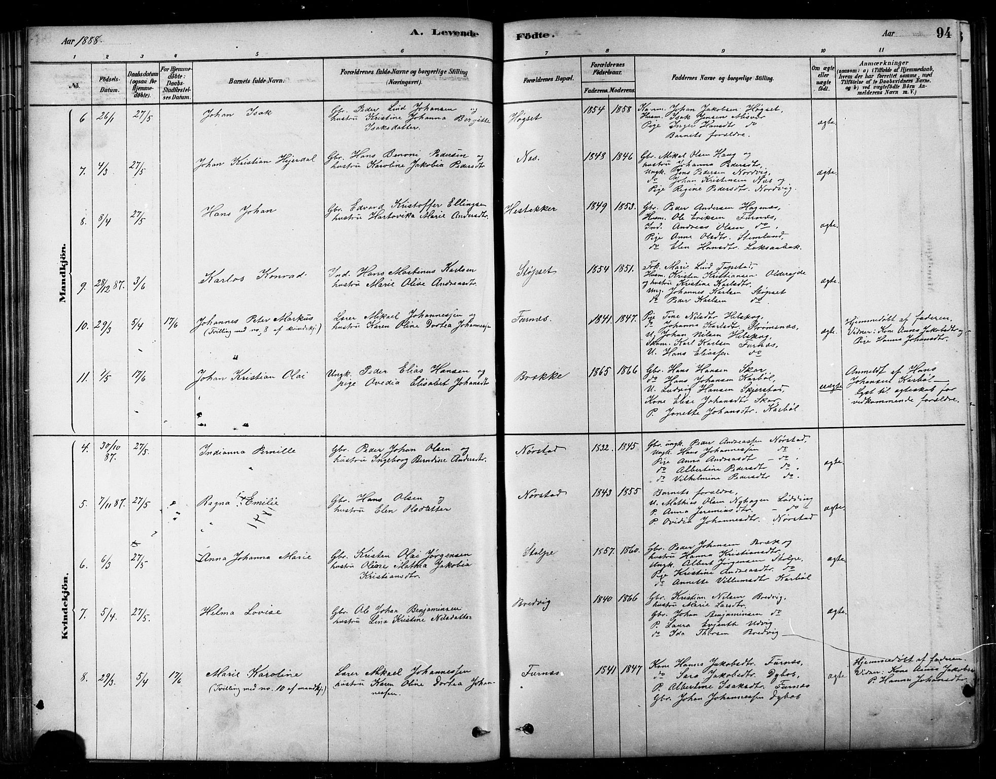 Ministerialprotokoller, klokkerbøker og fødselsregistre - Nordland, AV/SAT-A-1459/852/L0740: Parish register (official) no. 852A10, 1878-1894, p. 94