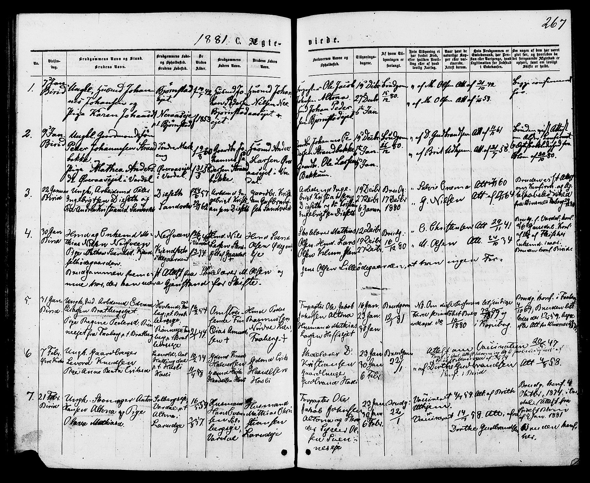 Biri prestekontor, SAH/PREST-096/H/Ha/Haa/L0006: Parish register (official) no. 6, 1877-1886, p. 267