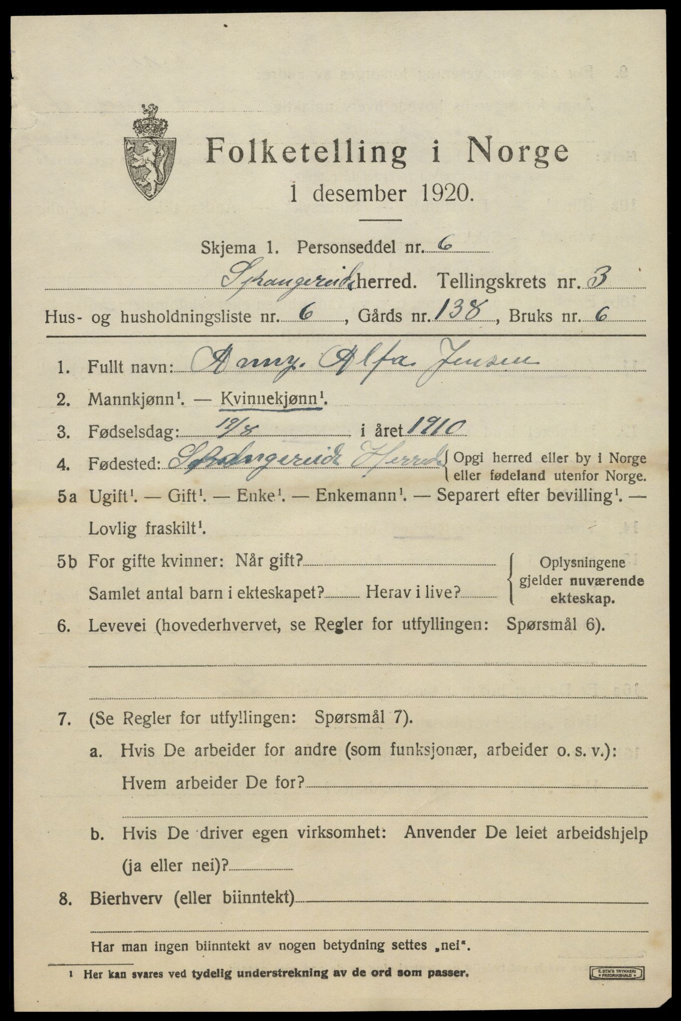 SAK, 1920 census for Spangereid, 1920, p. 1503