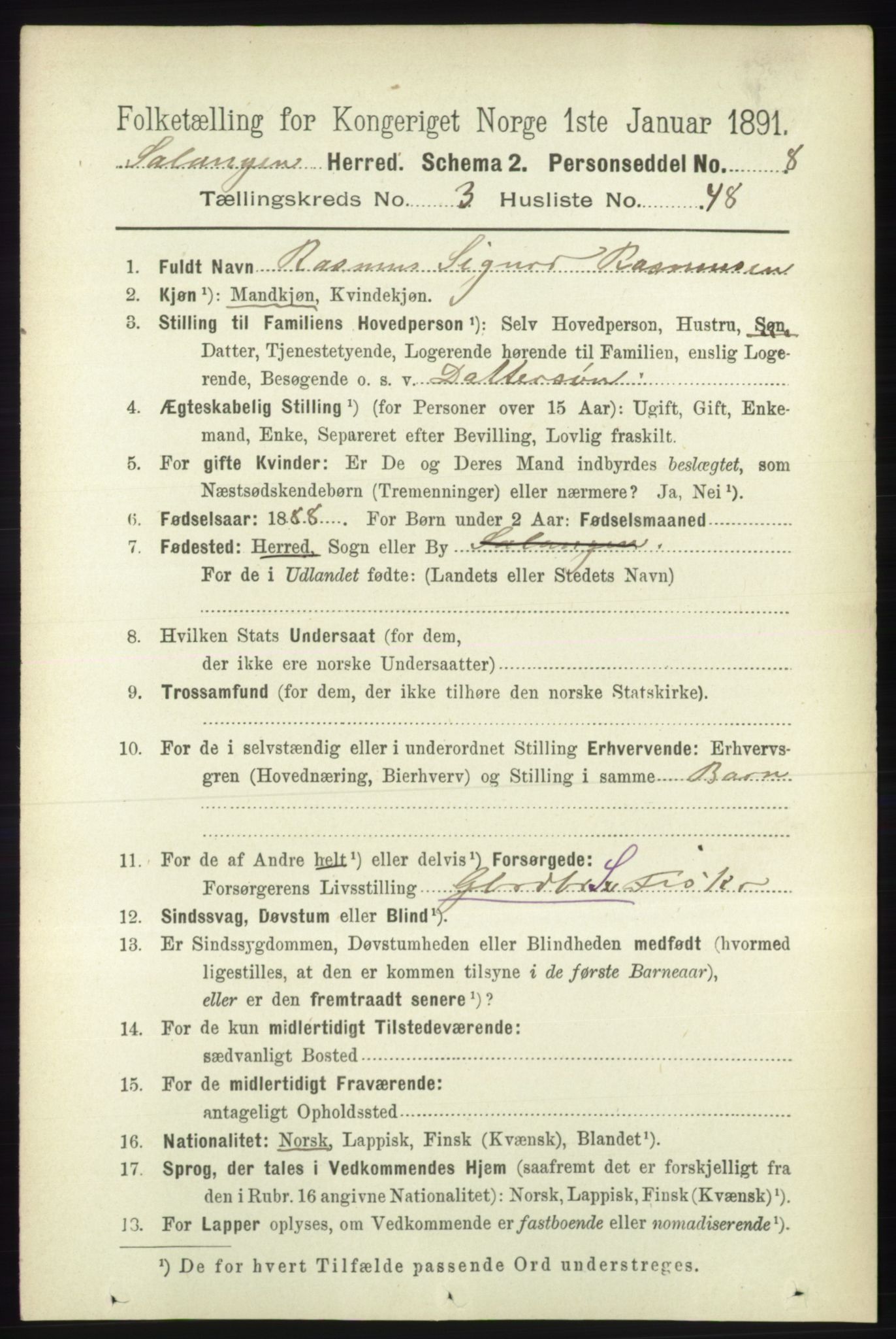 RA, 1891 census for 1921 Salangen, 1891, p. 1499