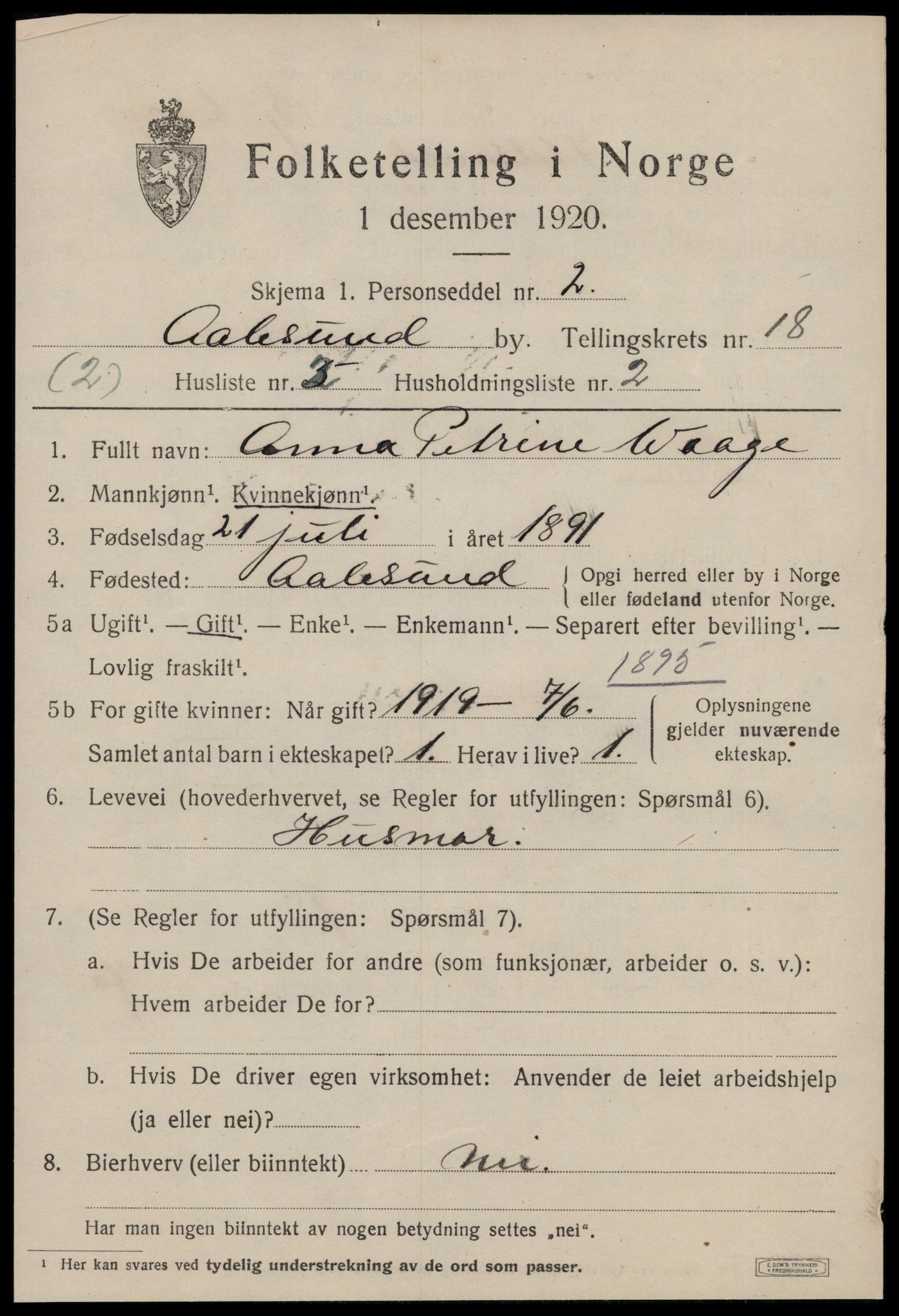 SAT, 1920 census for Ålesund, 1920, p. 34044