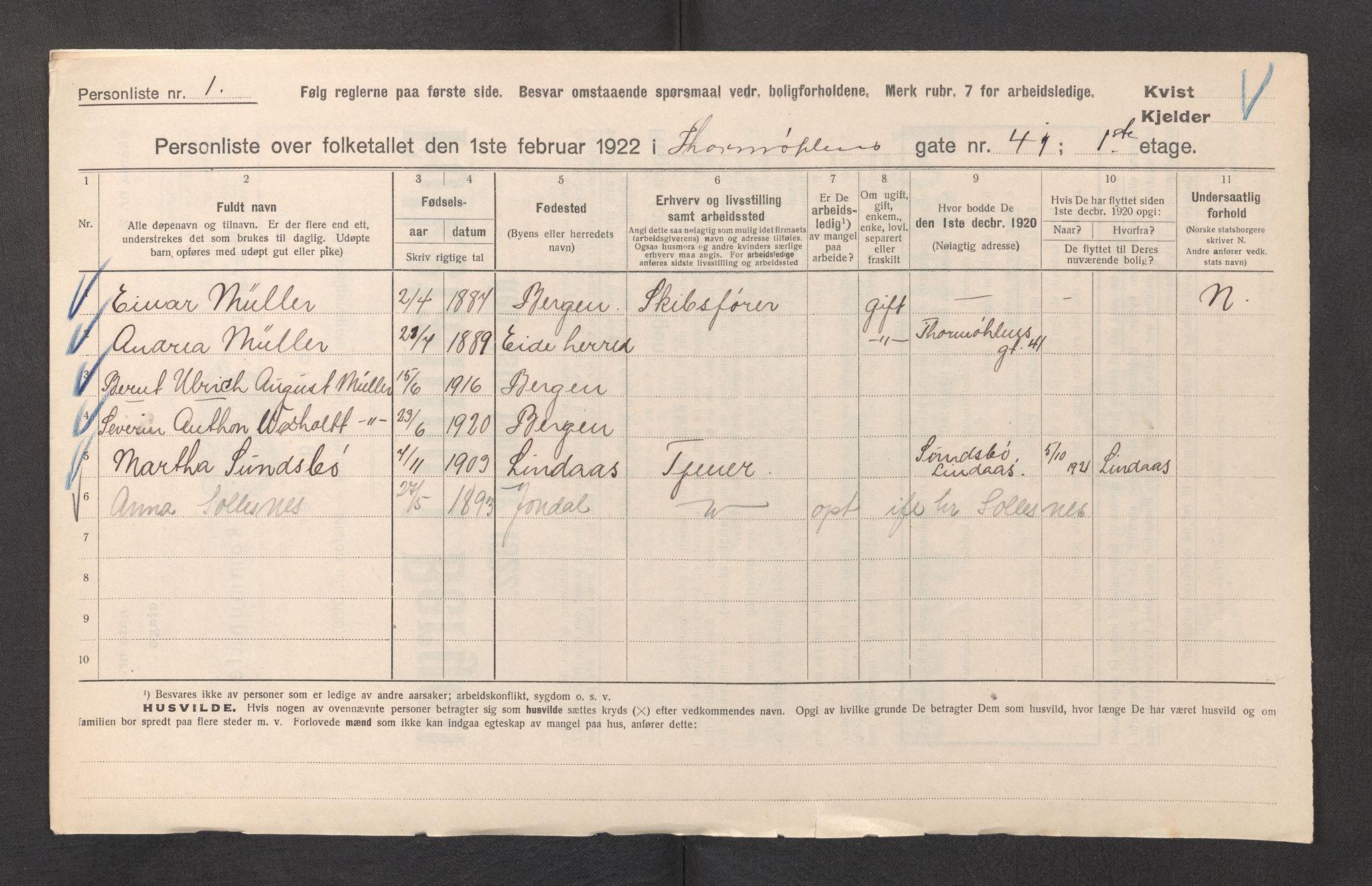 SAB, Municipal Census 1922 for Bergen, 1922, p. 43800