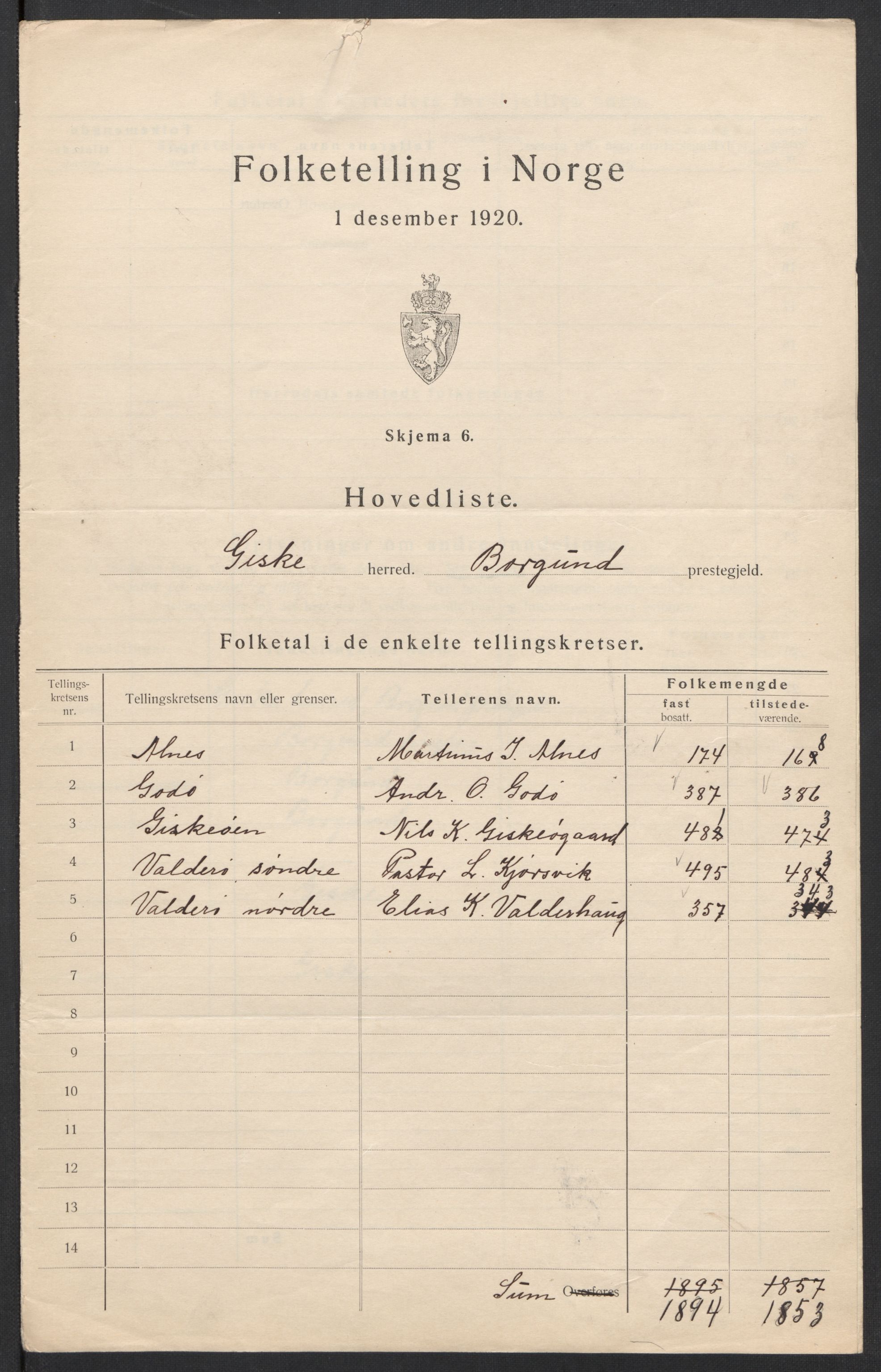 SAT, 1920 census for Giske, 1920, p. 6