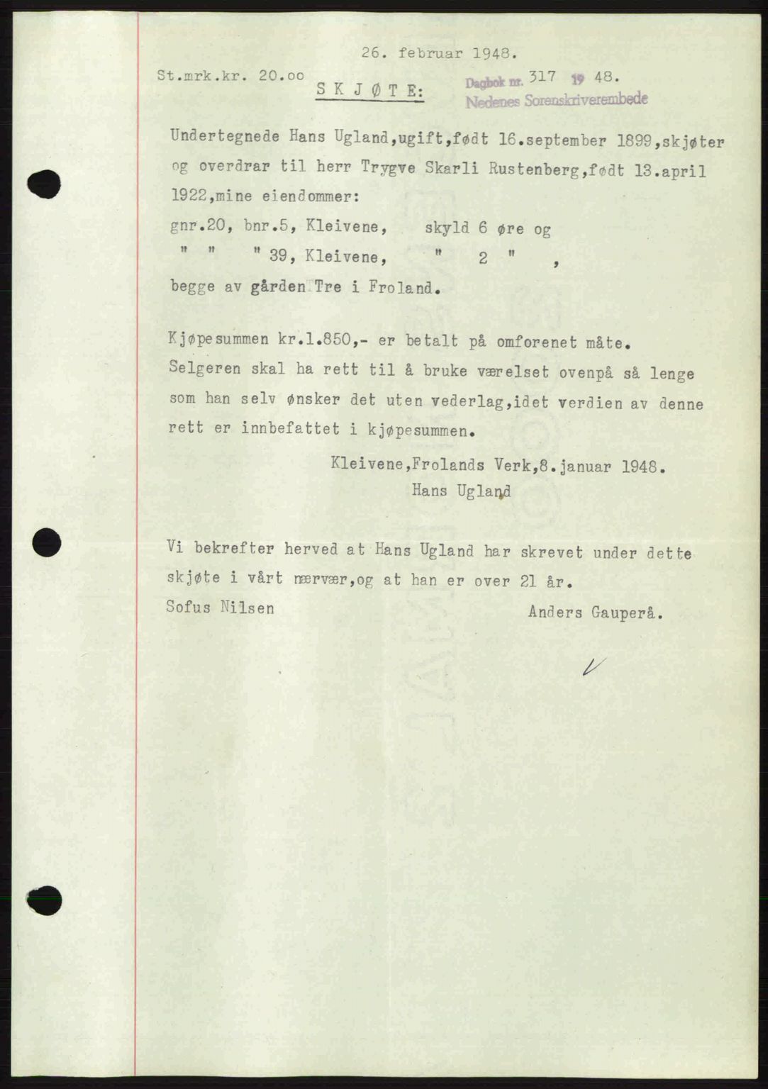 Nedenes sorenskriveri, SAK/1221-0006/G/Gb/Gba/L0058: Mortgage book no. A10, 1947-1948, Diary no: : 317/1948